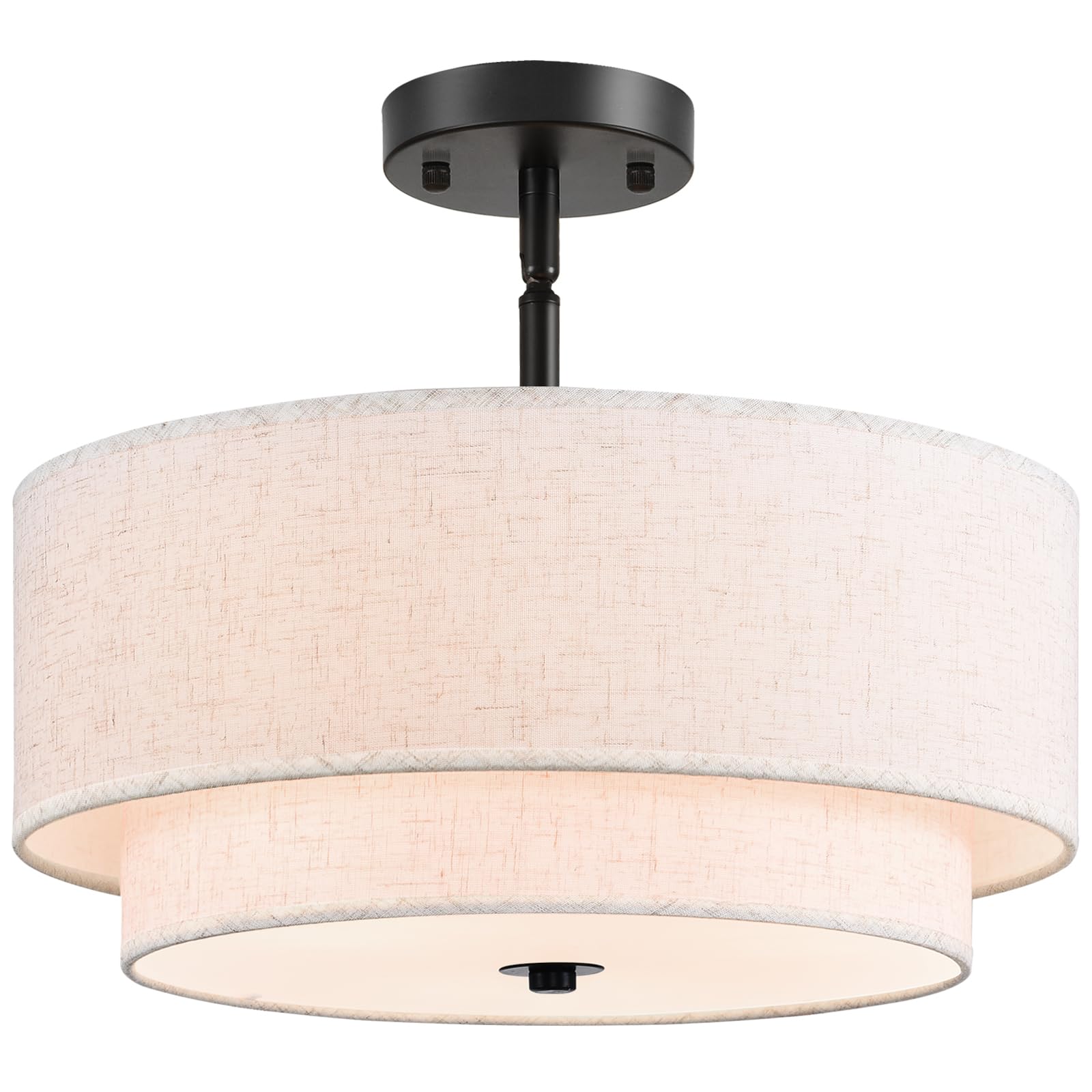 HPKVORP 16 Semi Flush Mount Ceiling Light, Black 3 Light Double Drum Fabric Lampshade Lighting Fixture for Living Room, Bedroom,