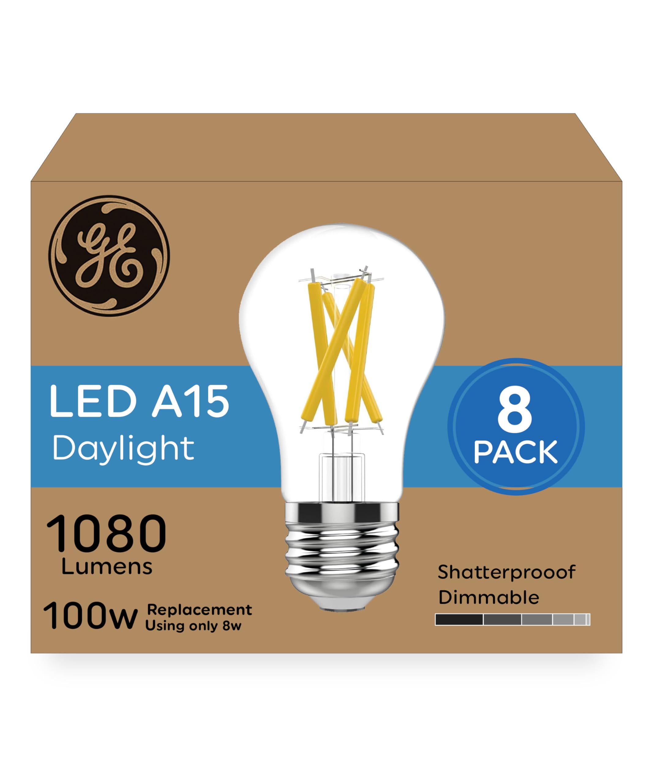 GE Ultra Bright LED Light Bulbs, 100 Watt Equivalent, Daylight, Ceiling Fan Clear A15 Bulbs (8 Pack)