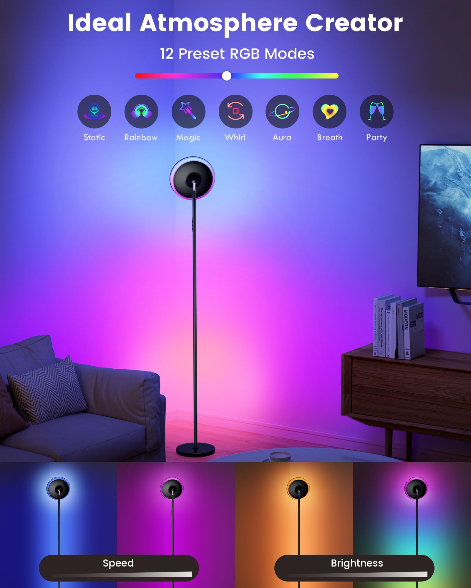 WOWLUMEN Modern Torchiere Floor Lamp, 42W 3700LM, Dimmable LED, Remote, 5 Color Temperatures, Black, Model FLG-042-F2