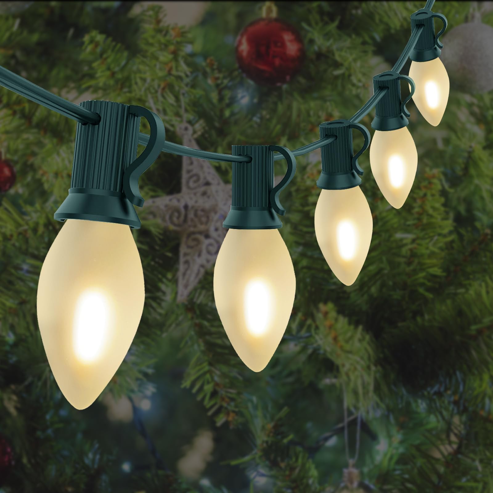 C7 LED Frosted White String Lights Outdoor 25Ft Christmas Decorations String Lights with 27 LED Frosted White Bulbs Hanging Vint