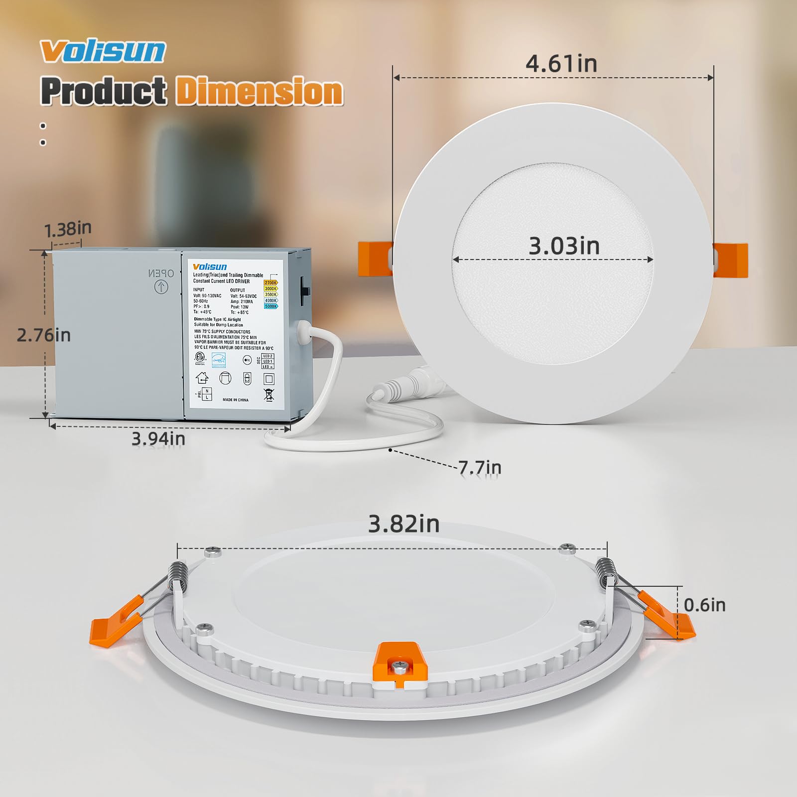 VOLISUN 24 Pack 4" Ultra-Thin LED Recessed Lighting, 5CCT Dimmable, 810 Lumen, ETL Certified, White, Model 21365