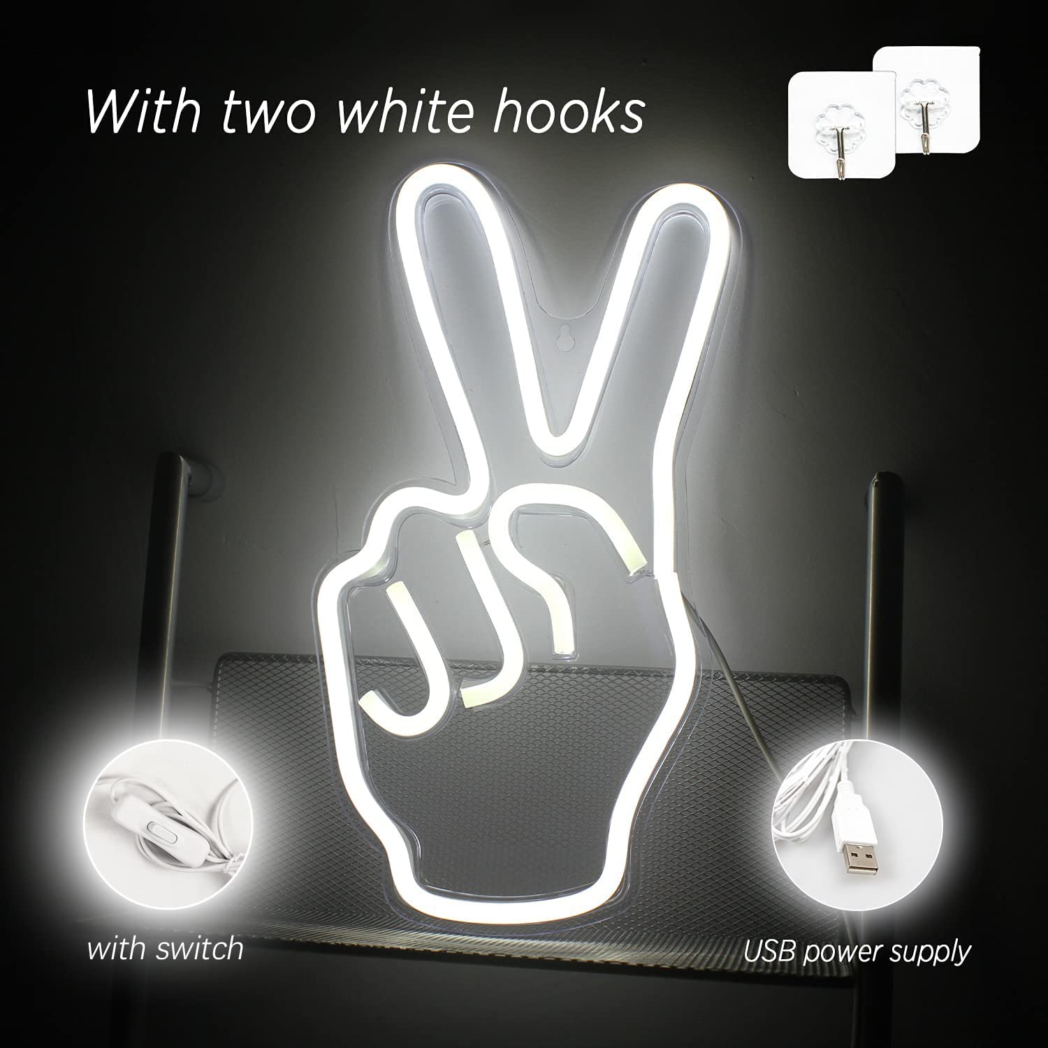 ineonlife Neon Peace Sign LED Light - 15in  x 8in , Acrylic, C-Gesture-White, USB with Switch, Wall Decor for Kids and Parties