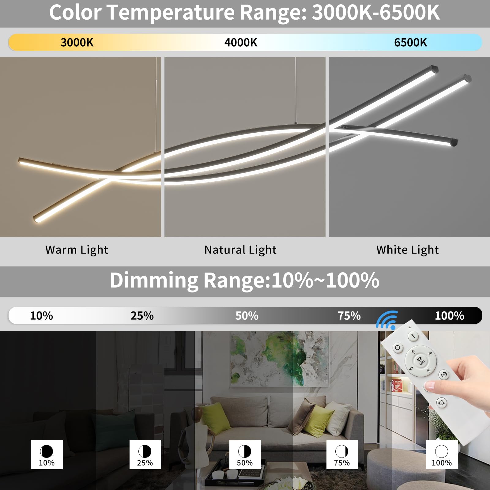 Modern Ceiling Chandelier Light, 39In Pendant Light Fixtures With Remote Control 3000K-6500K Adjustable Color Temperature, Aluminum Island Lighting Lamp For Dining Room, Living Room, Island