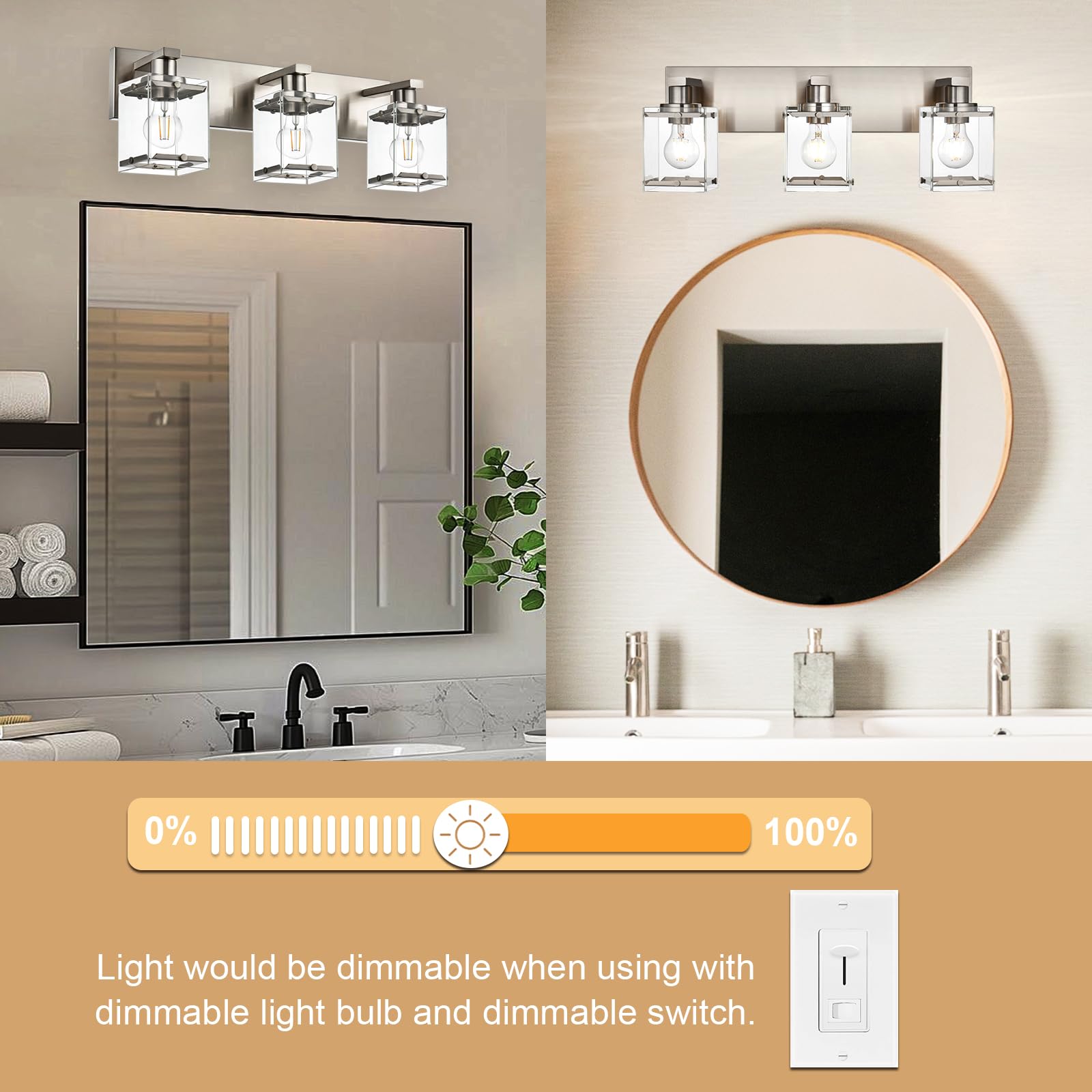 Winshen 3-Lights Bathroom Wall Light Fixtures E26 Bulb Base  Brushed Nickel Vanity Lighting Fixtures Over Mirror With Clear Glass Shades For Living Room Hallway Kitchen