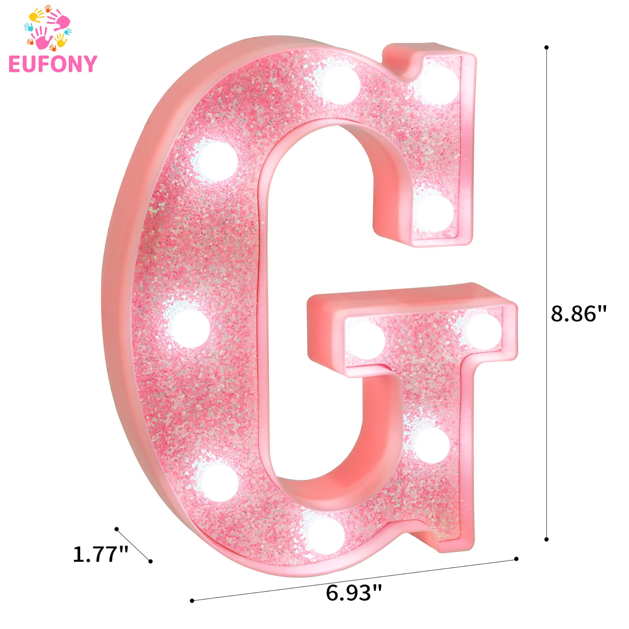 EUFONY Pink Glitter LED Marquee Light Up Letter G with Cool White Lights, Battery-Powered Alphabet Letter Sign for Girls Gift, B
