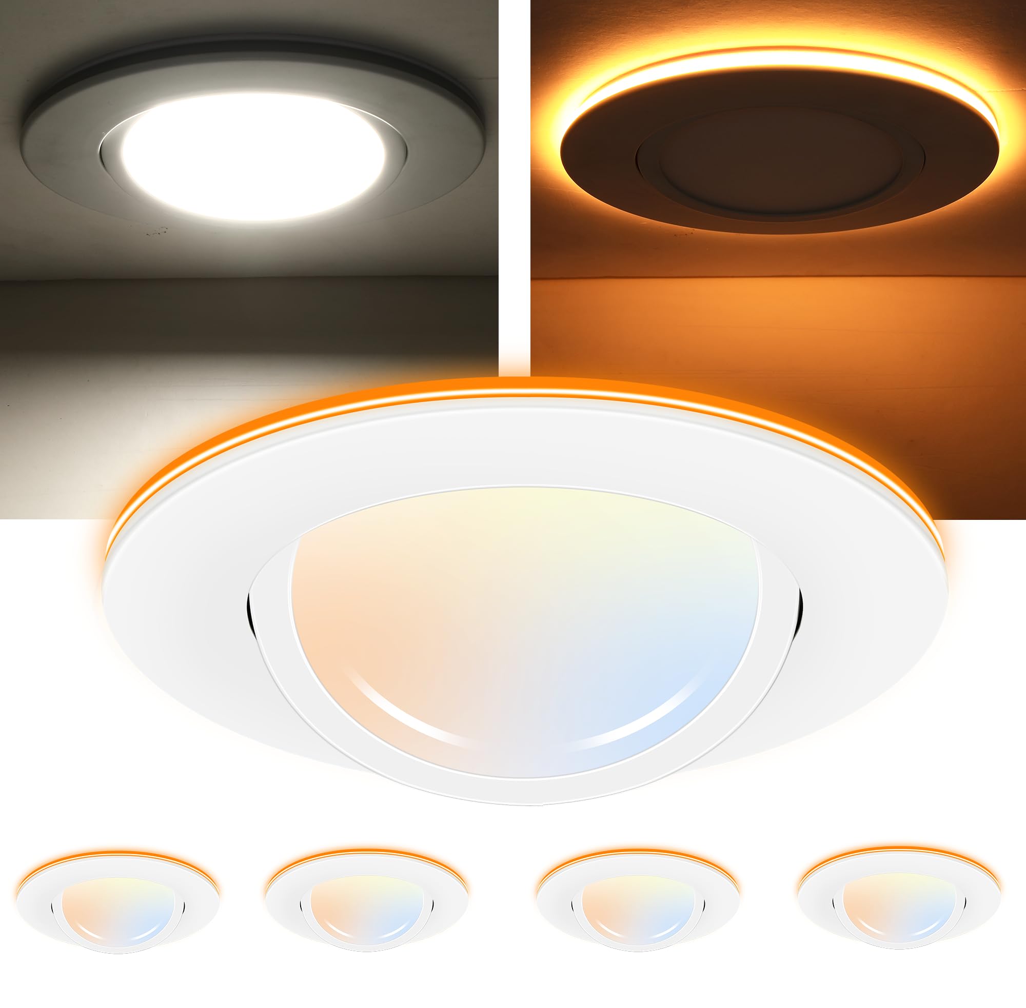 CLOUDY BAY [4 Pack] 6 inch 5 Color Swivel LED Gimbal Recessed Light with Night Light,12W CRI80+ 950LM,2700K/3000K/3500K/4000K/50