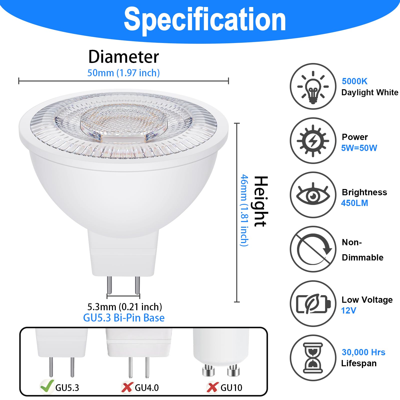 Qqlxst Mr16 Led Bulbs 50W Halogen Equivalent  5000K Daylight White  5W Mr16 Gu5.3 Bi-Pin Base 12V Low Voltage Spotlight Bulb For Landscape Spotlight Track Recessed Lighting  Non-Dimmable  12-Pack