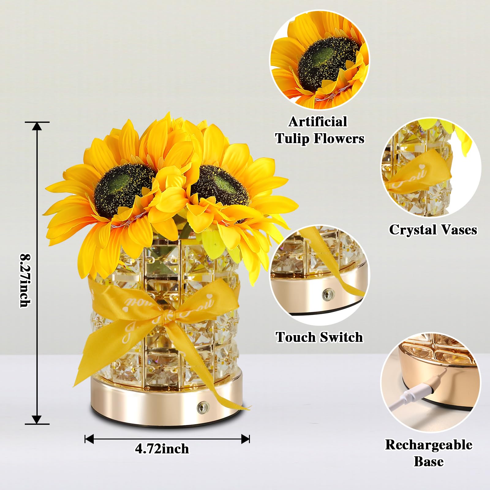 Valentine'S Day Gifts Birthday Gift For Women/Mom Crystal Flower Lamps,3 Color Bedside Lamps Infinitely Dimming With Usb Charge