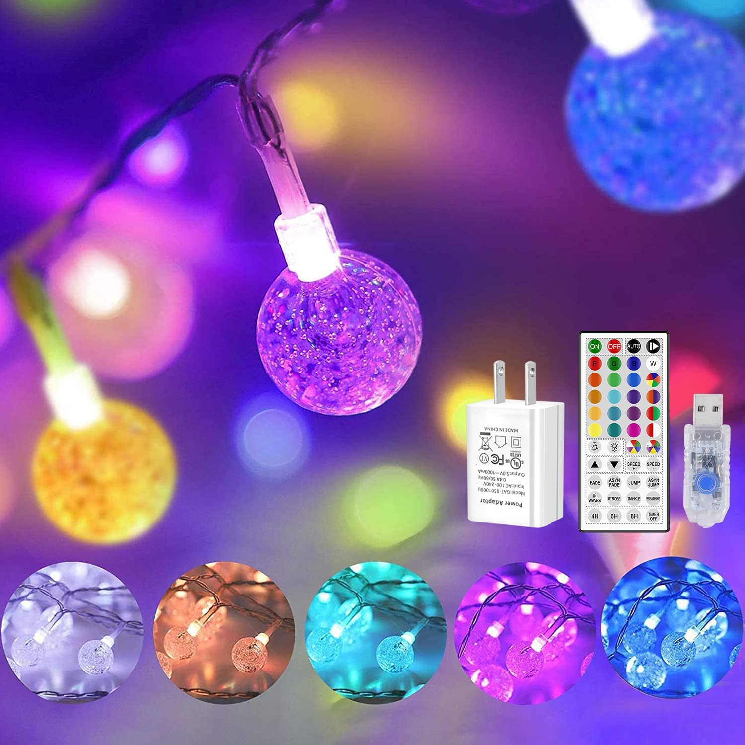 OMIKA Color Changing Globe String Lights, 50 LEDs, 16.5ft, USB Plug, 24 RGB Colors, Model MKR-PL-15, Ambient Lighting for Home Decor