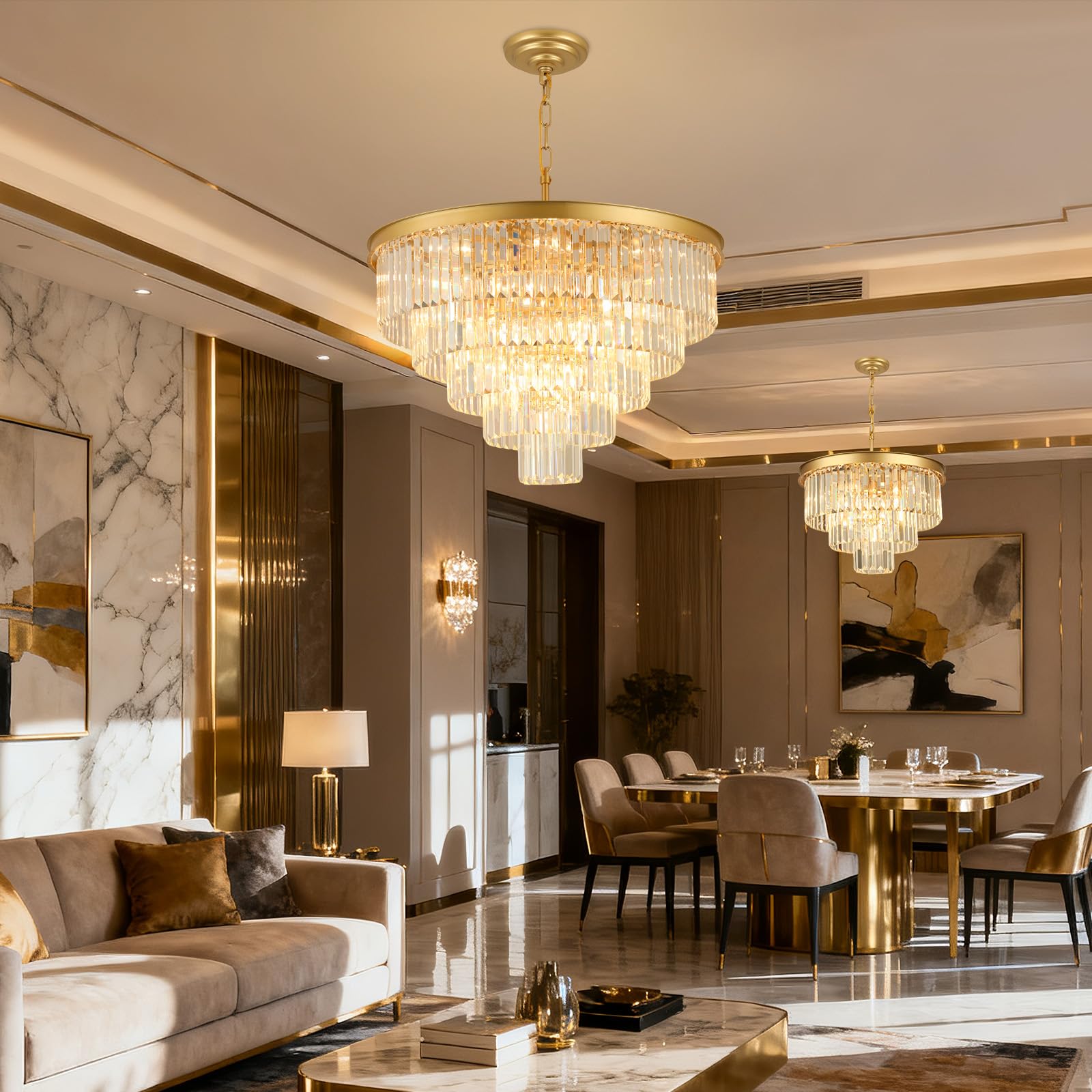 Crystal Chandeliers For Dining Room Lights Fixture Over Table  20 Lights Gold Modern Chandeliers For Living Room  5-Tier Round Crystal Lighting Fixtures For Bedroom Entryway Kitchen Island D30 Inch