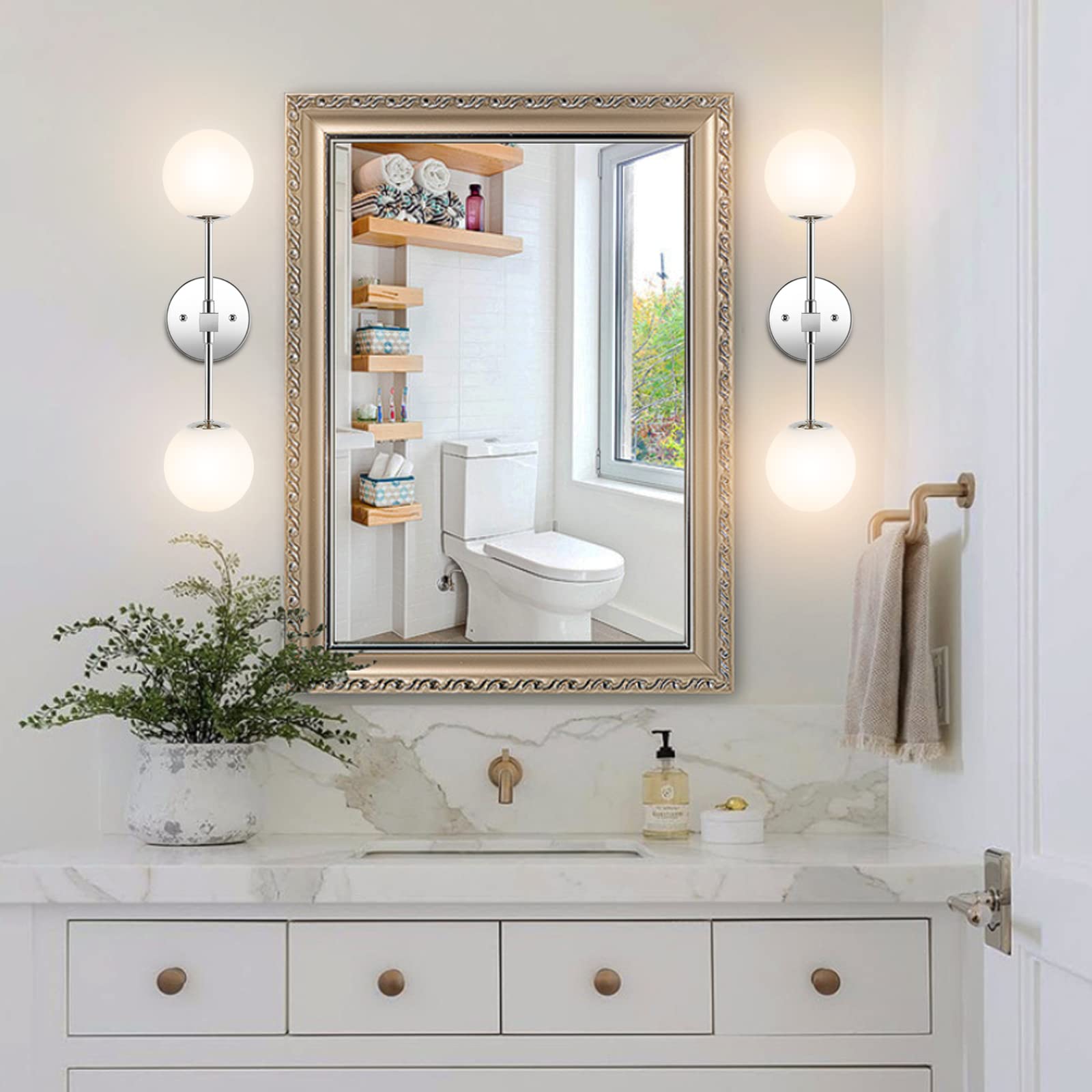 BAODEN Modern Wall Sconce - 2-Lights Industrial Bathroom Vanity Light, White Globe Glass, Brushed Chrome Finish