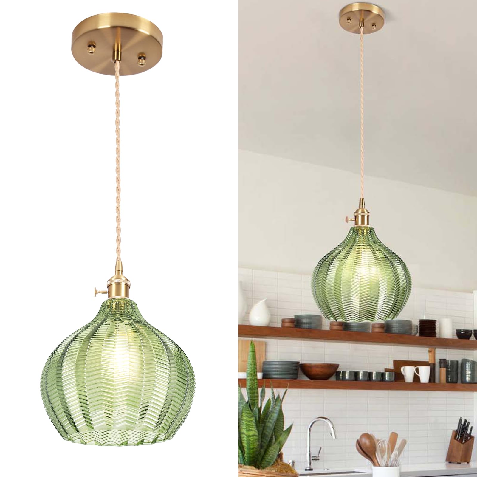 Loiogohot Glass Pendant Light Vintage Light Fixtures,Green Modern Chandelier Pendant,E26 Pendant Lights Kitchen Island,9.8'' Han