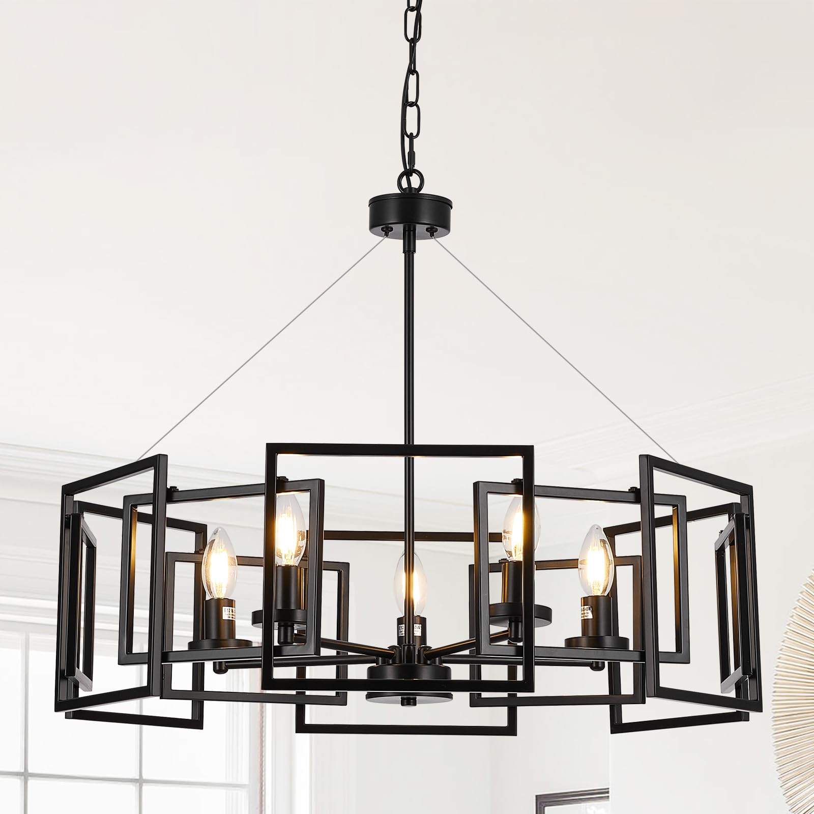 5-Light Black Geometric Chandelier,Height Adjustable Industrial Chandelier For Dining Room,Modern Farmhouse Chandelier Light Fix