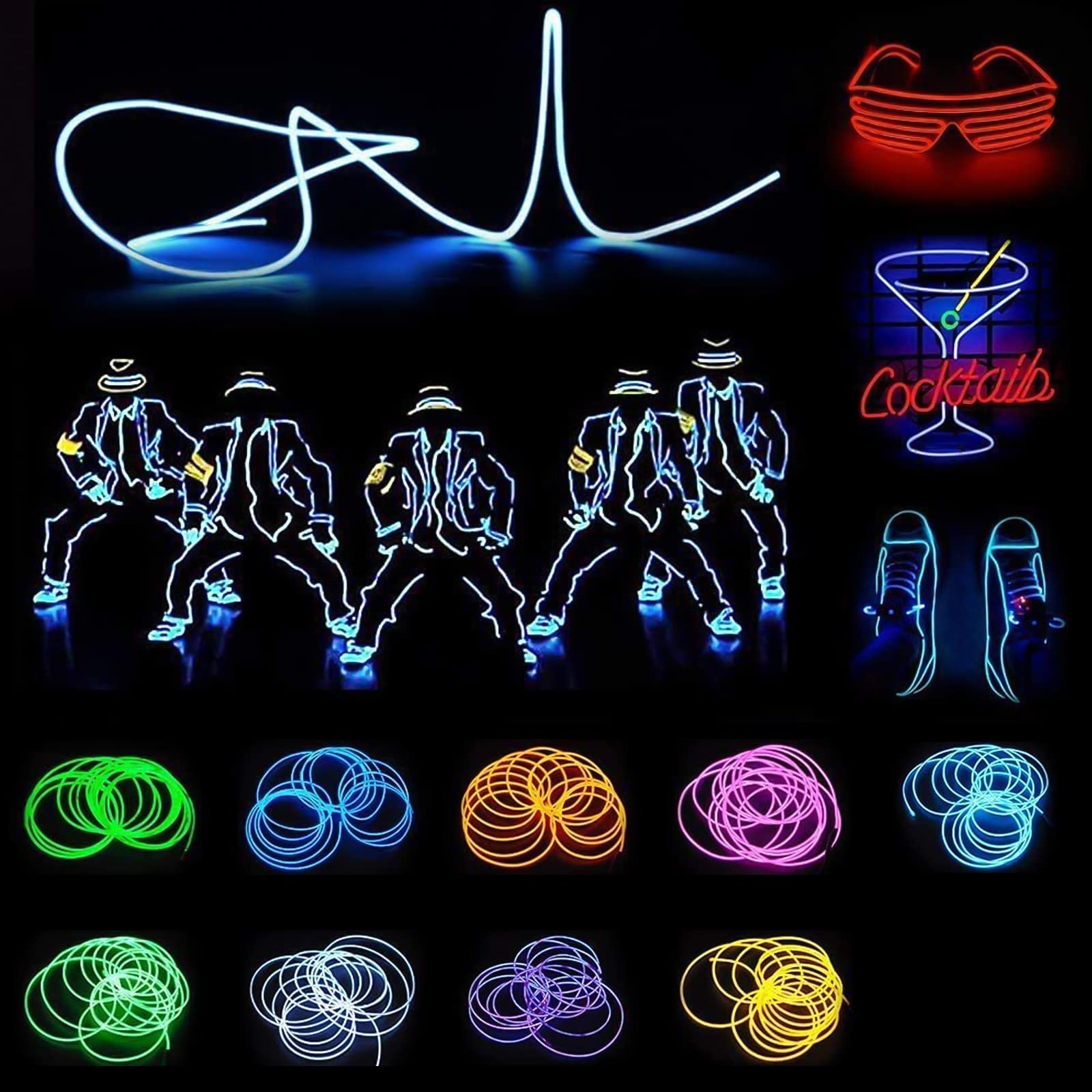 JIGUOOR USB EL Wire Neon Light Strip 49.21ft/15m Music Sync Green/Blue/Orange Model JGA0290-GBO