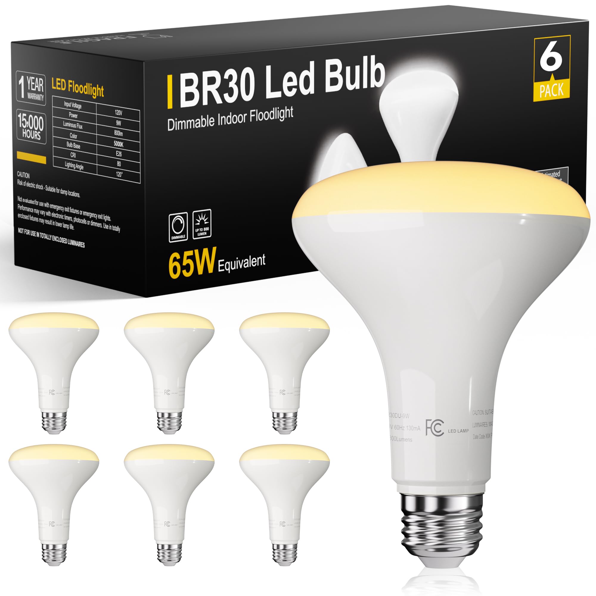 Tjoy 6 Pack Br30 Led Bulb 65W Equivalent, Dimmable Led Flood Light Indoor, E26 Base, 2700K Warm White, 9W, 800 Lm, Recessed Ligh