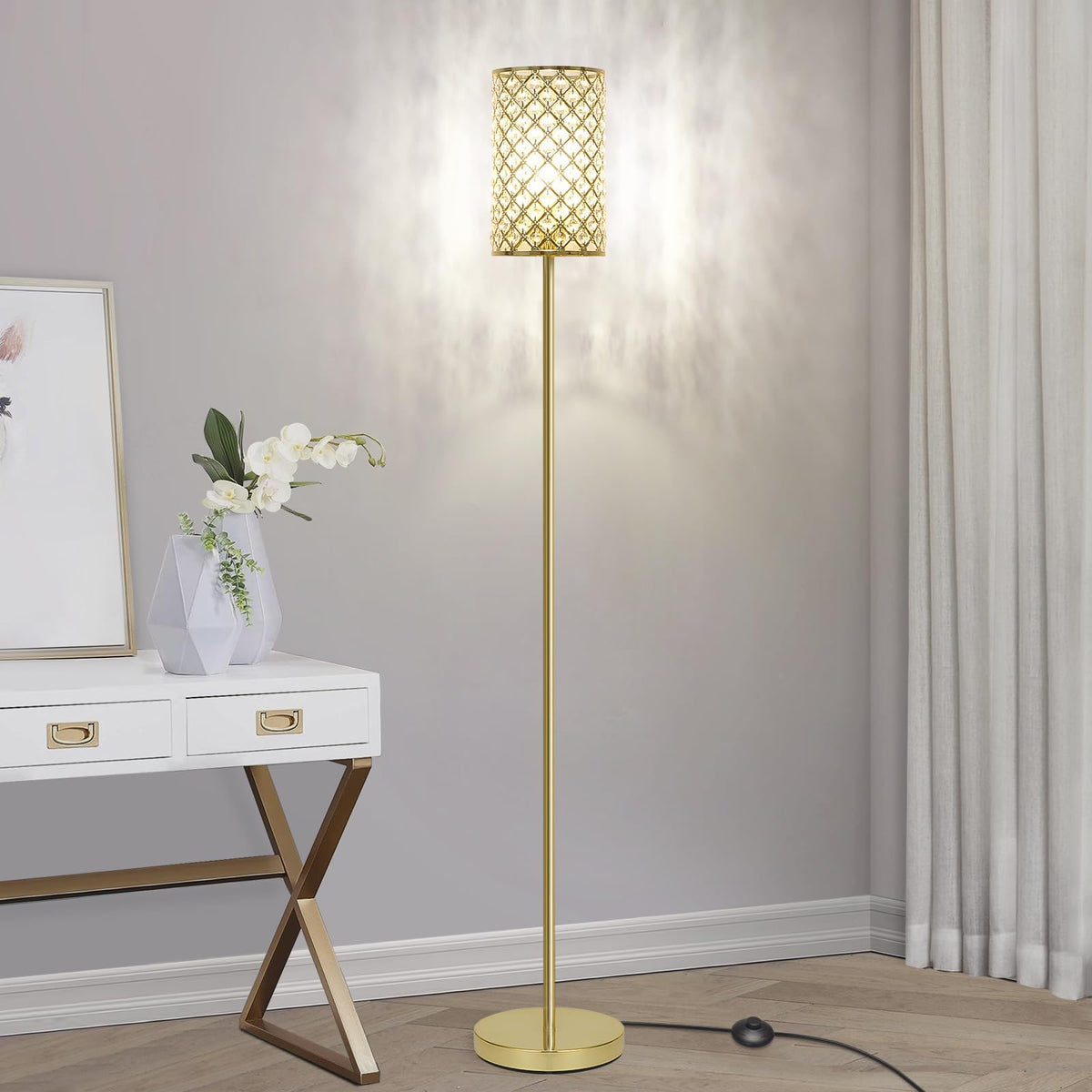 Gold Floor Lamp, Crystal Floor Lamp With Decorative Shade, Standing Lamp With On/Off Foot Switch & E26 Base, Modern Floor Lamps