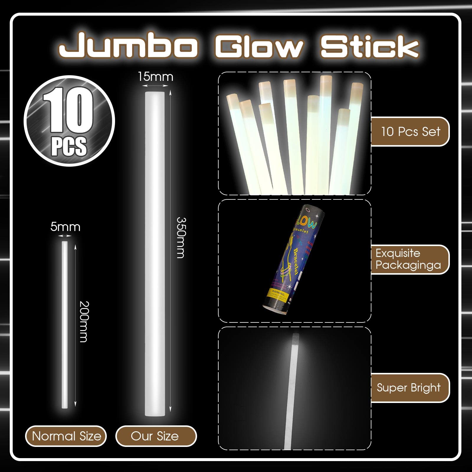 Lewtemi Glow Sticks 10 Pcs Jumbo Emergency Light Stick, 14 Inch, White, Ideal for Halloween, Christmas, Camping & Survival Kits