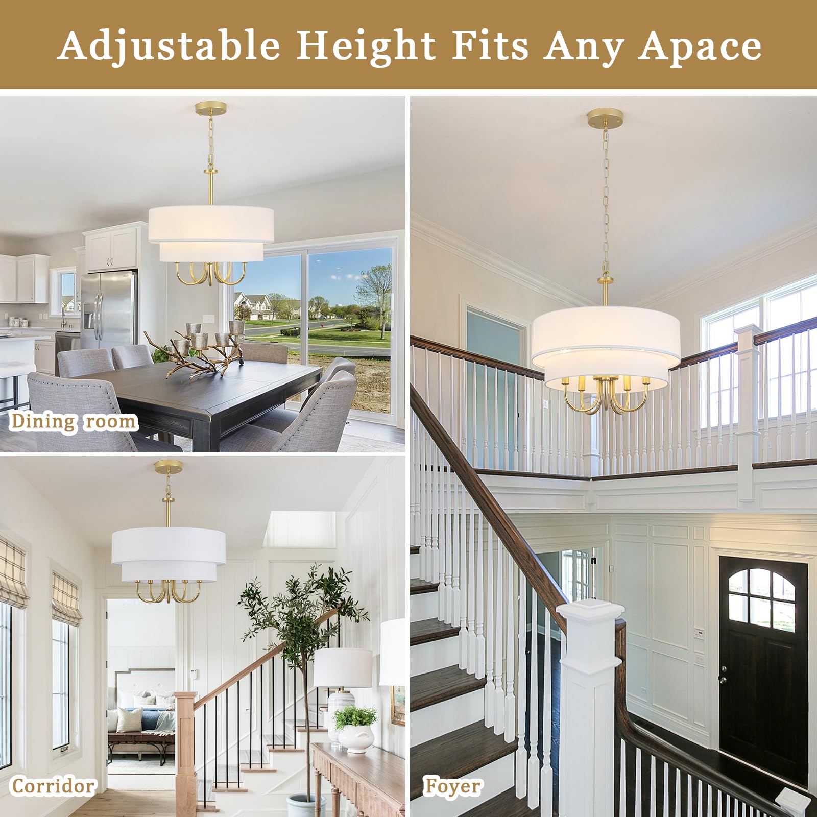 Gold Farmhouse Chandelier 5 Lights Drum Chandeliers With White Fabric Shades Dining Room Light Fixtures Over Table Brass Pendant