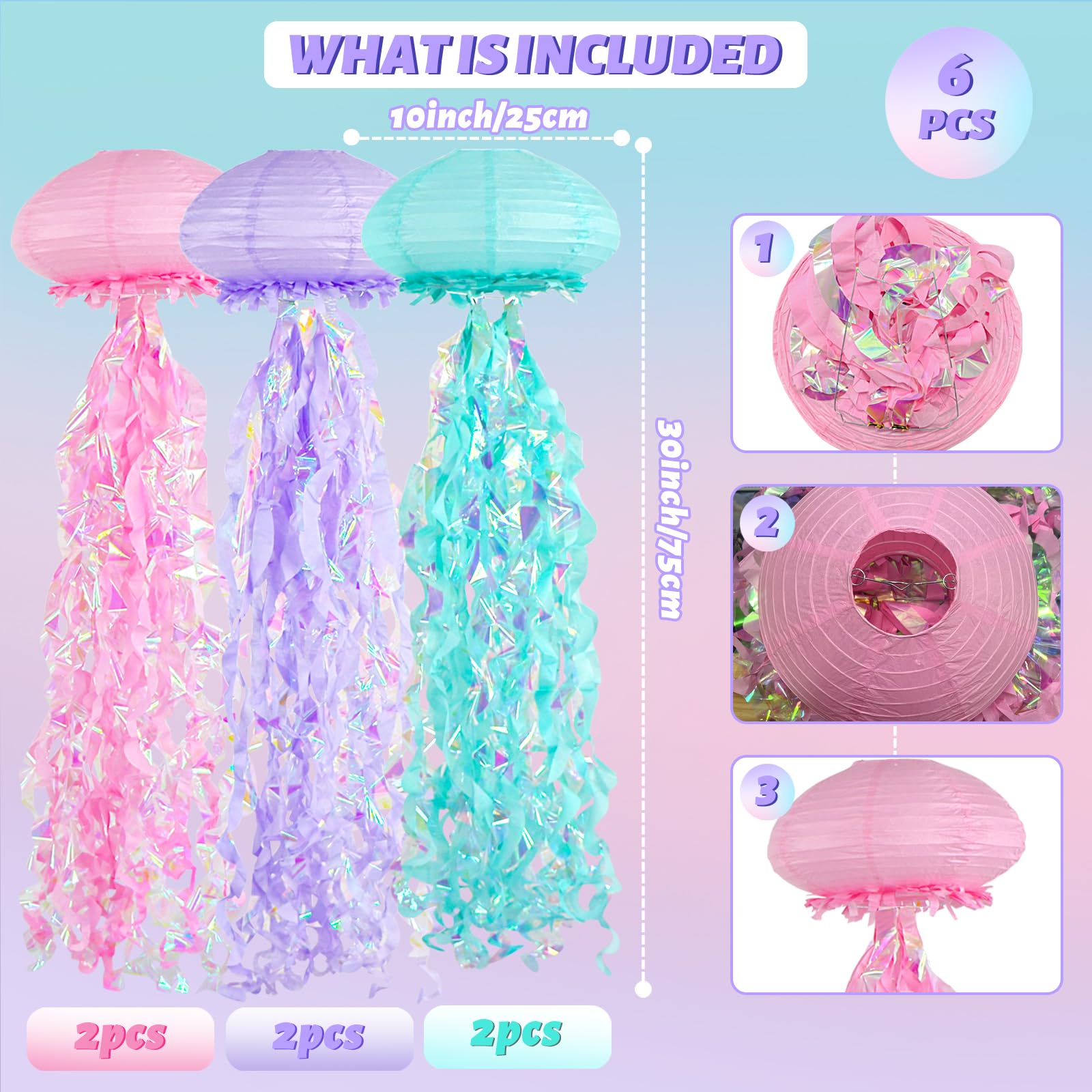 ADLKGG Jellyfish Paper Lanterns, 6pcs Hanging Decorations, Ocean Theme, Paper, Pink Purple Blue, Model PinkPurpleBlue001
