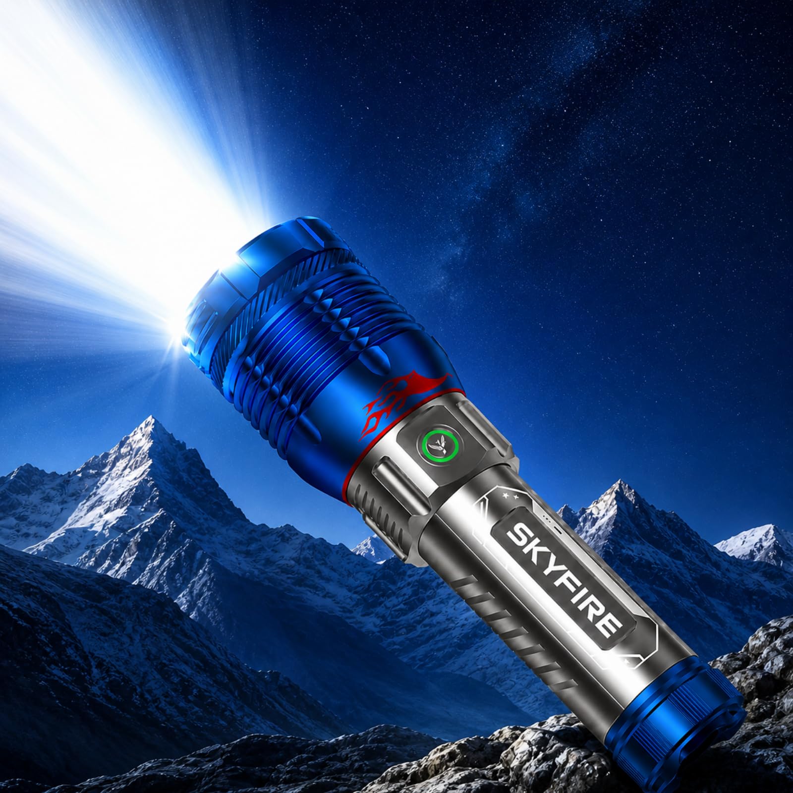 SKYFIRE 6000 Lumens Rechargeable Flashlight with Fire Starter,96 Hours Runtime, IPX6 Waterproof, Zoomable Tactical Flashlight fo