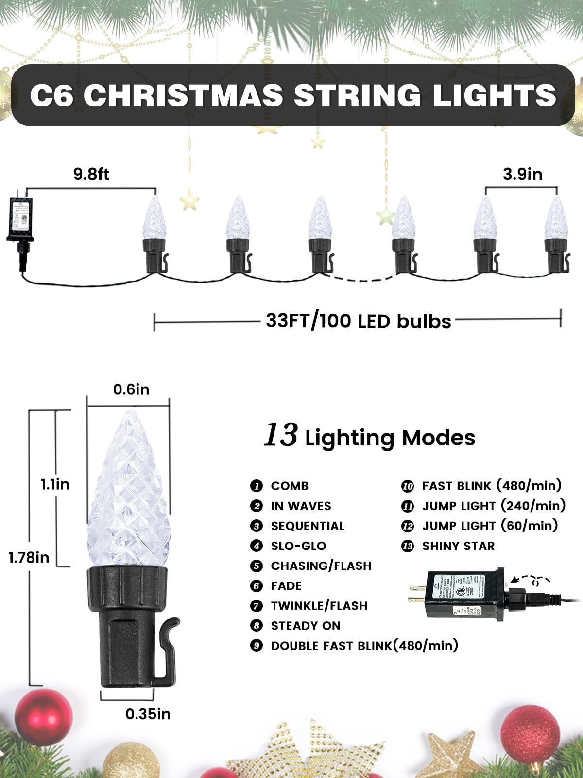 2 Pack C6 Christmas Lights Outdoor Indoor  Total 200 Led 66 Ft Connectable Christmas String Lights With Timer & 13 Modes  Waterproof Twinkle Light For Xmas Tree Party Wedding Decorations (Cool White)