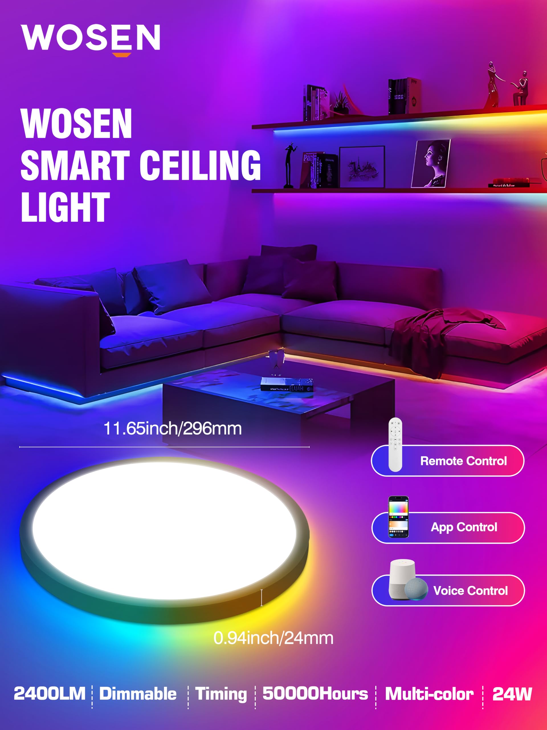 1 Pack 12 Inch Rgb Led Flush Mount Smart Ceiling Light With Night Light 2700K, 24W 2400Lm Ultra-Slim Ceiling Light Fixture With