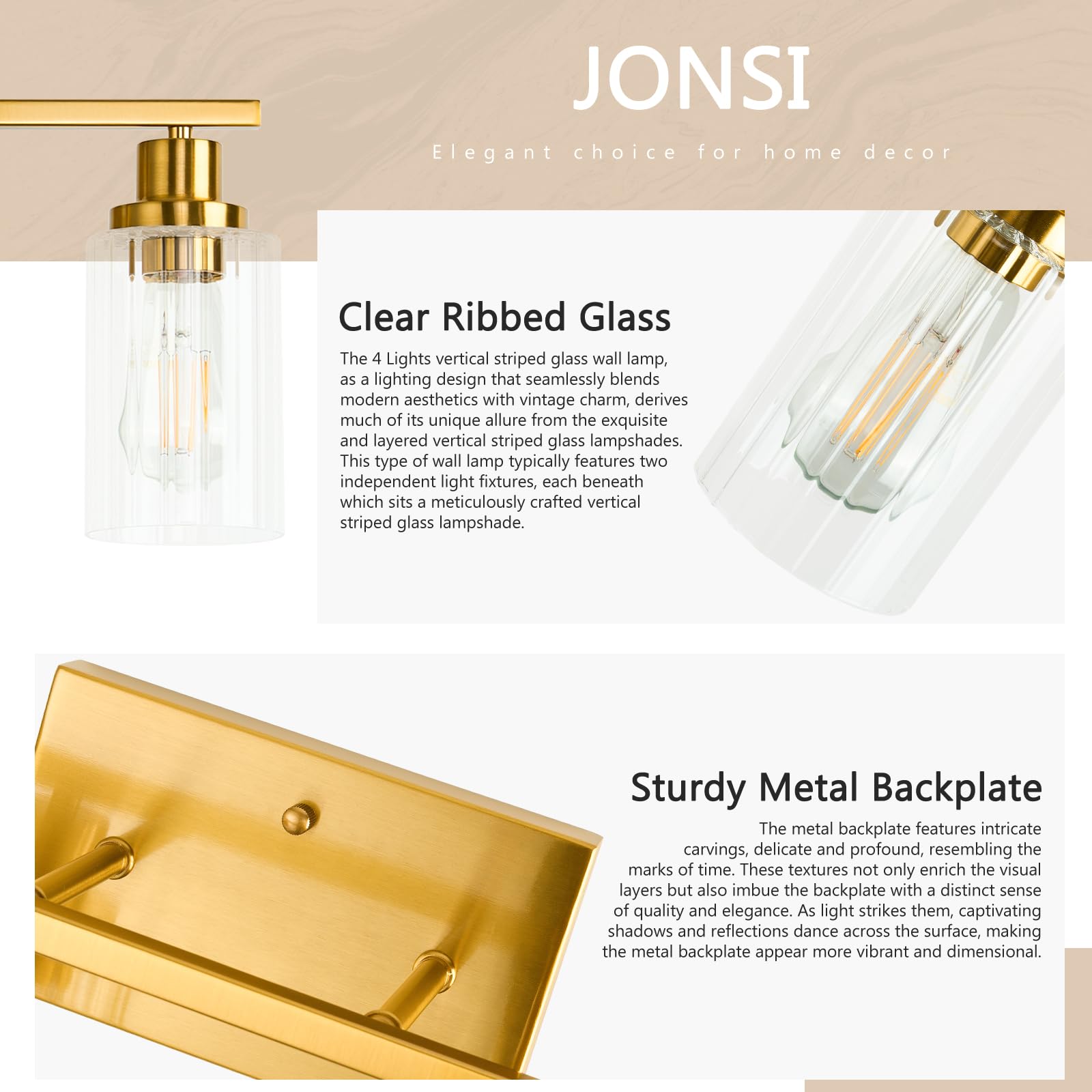 Jonsi 4-Light Brushed Gold Bathroom Vanity Light Fixture with Glass Shades, 31.1 Inch, E26 Wall Sconces for Bathroom, Living Room, Hallway