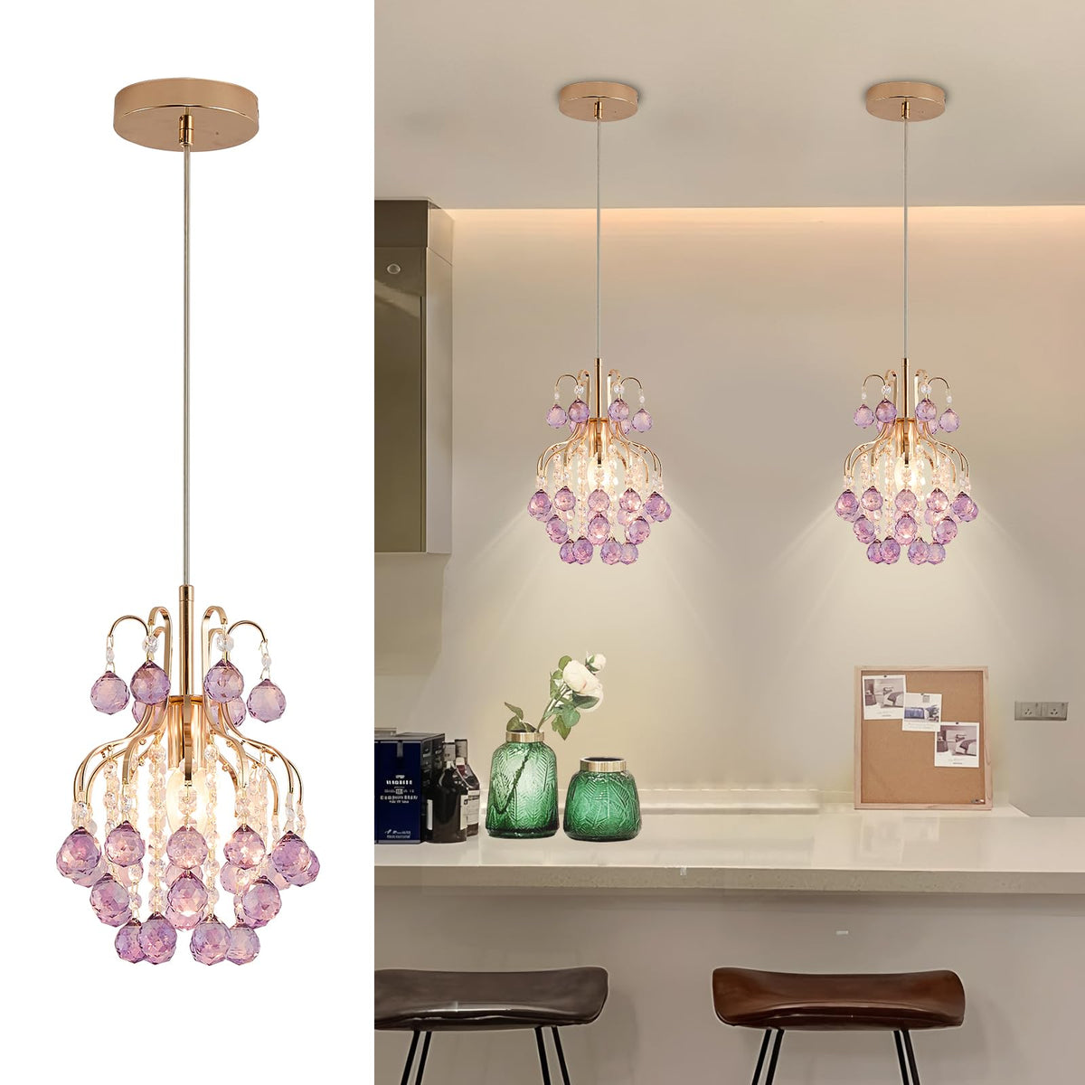 Surpars House Elegant Mini Chandelier Plug In Crystal Pendant Light,Golden (Purple Canopy Flush Mount)