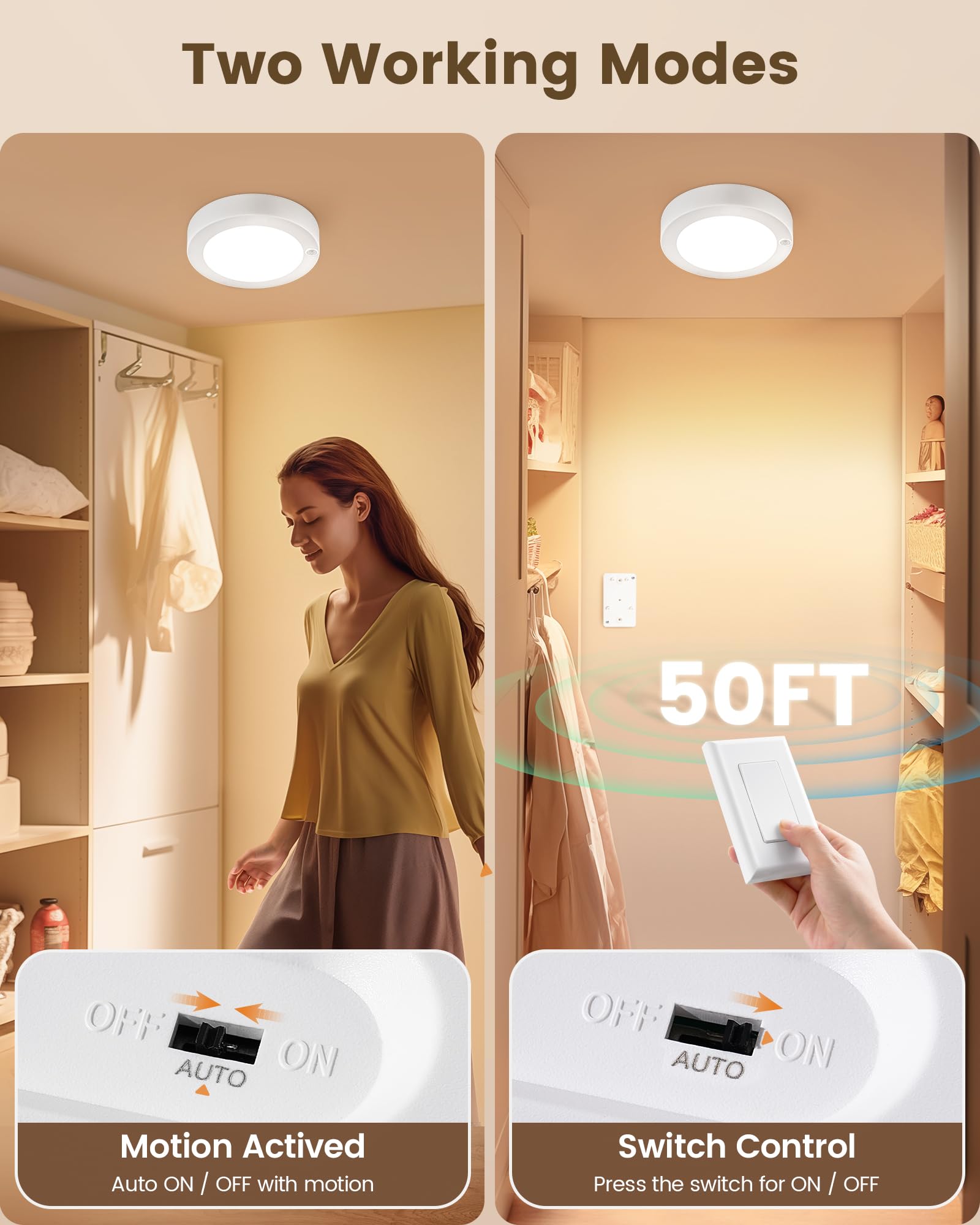 Suraielec Rechargeable Ceiling Light With Wall Switch, 8000Mah Battery Ceiling Light Indoor, Wall Switch Remote Or Motion Sensor