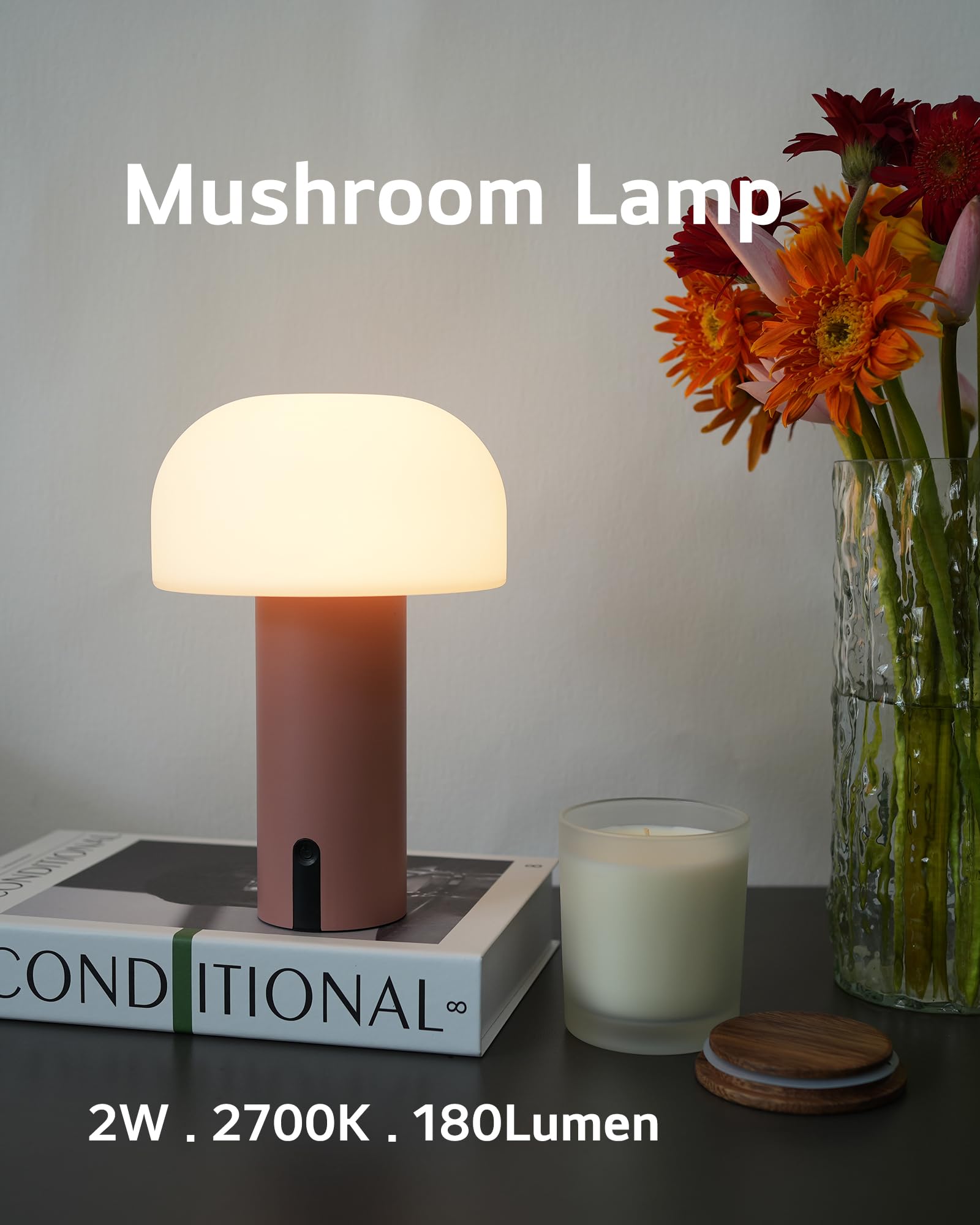 Ilovinit Pink Outdoor Mushroom Table Lamp - Rechargeable, Waterproof, Touch Dimming Night Light