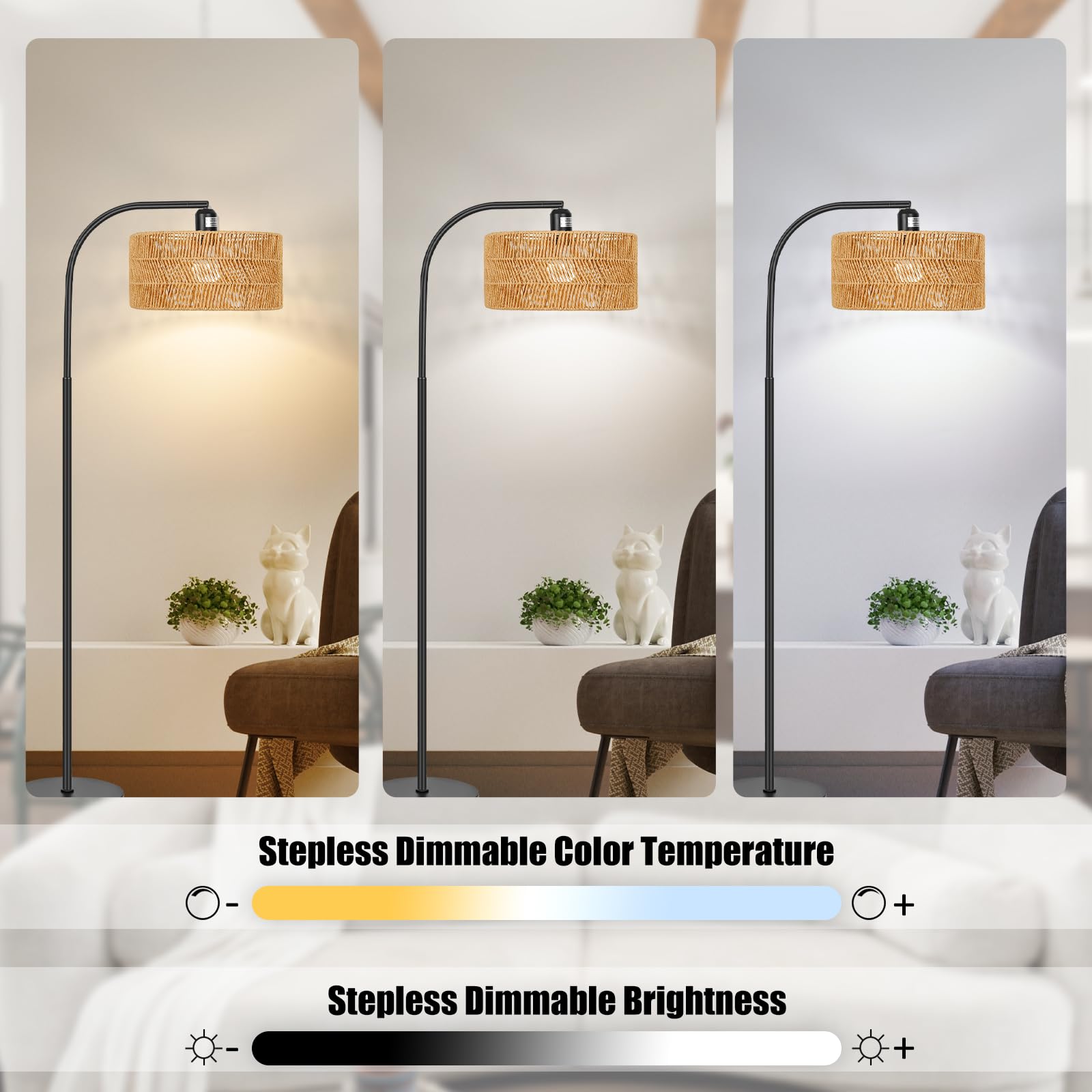 Brilvibera Rattan Floor Lamp- Boho Floor Lamp For Living Room, Rattan Standing Lamps With Dimmable Bulb, Adjustable Rattan Lamp Shades Bohemian Over Couch Lamps For Bedroom, Office