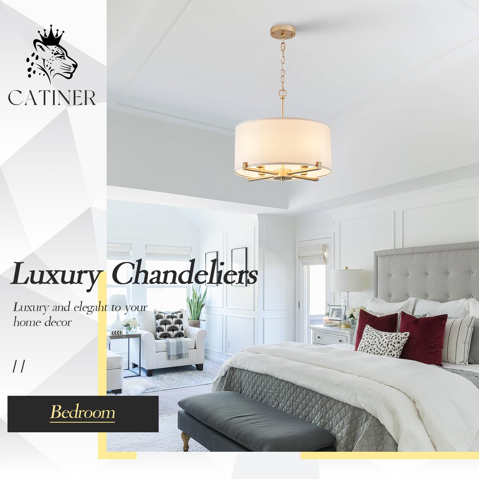 CATINER Modern Drum Chandelier, 18” White & Gold Pendant Light, 4 Lights, Fabric Shade, Semi Flush Mount for Dining Room & Bedroom