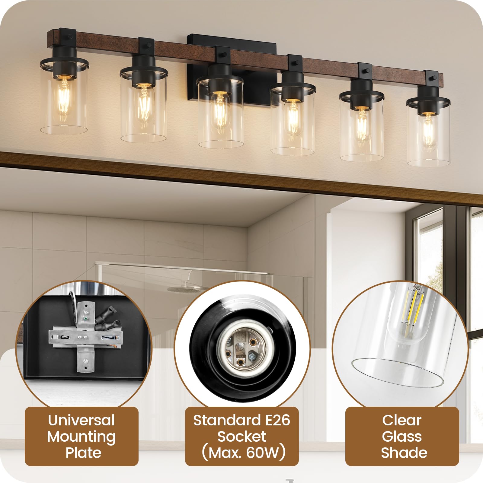 GOEBLESON 6-Light Bathroom Light Fixture, Rustic Bronze Vanity Lights, Metal Glass Shade, Model F12BD05