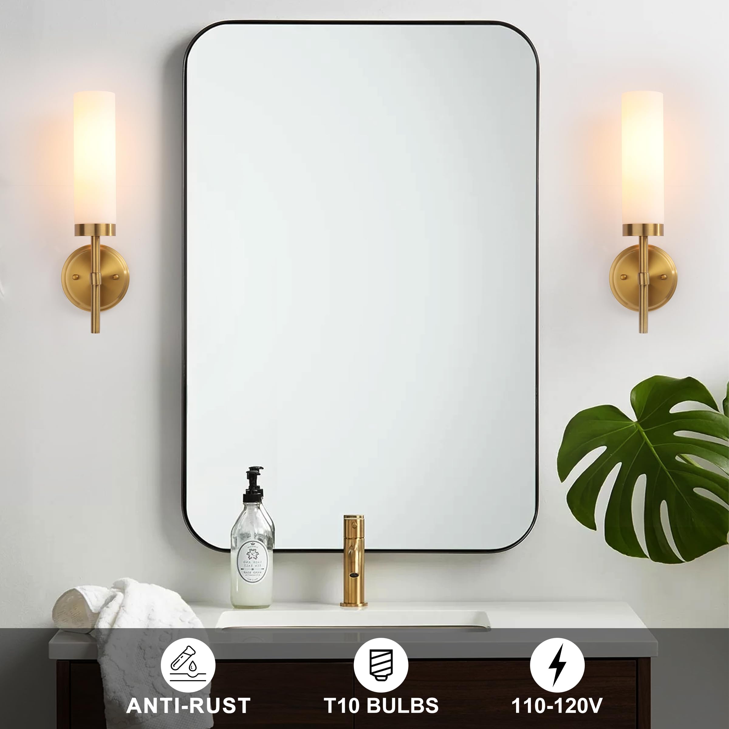 KUZZULL Wall Sconces Set of Two, Brass Gold Iron Fixtures with White Glass for Bathroom, Living Room, Hallway, Bedroom