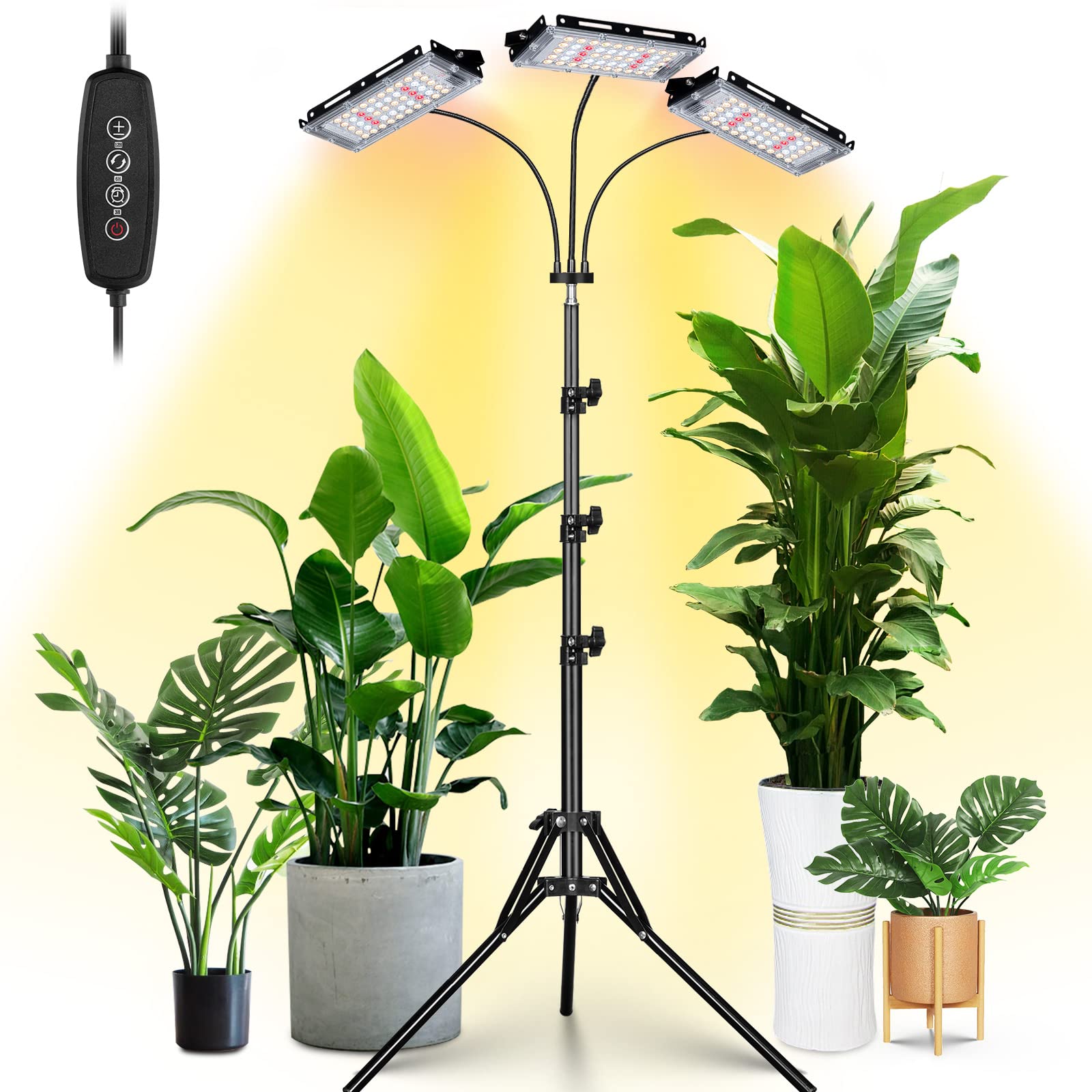 LORDEM Plant Grow Light, Tri-Head LED with Timer, 6 Dimmable Levels, Adjustable Tripod 15in-63in, Black, Model b1101