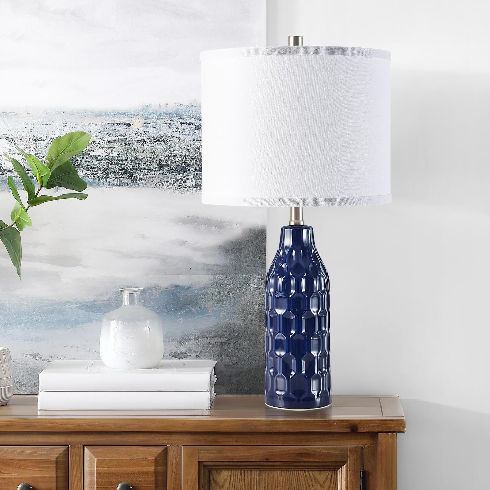 Luvkczc Ceramic Table Lamps Set of 2 - 24.8in Nightstand Lamps, Navy Blue, 3 Color Temperatures, Bulbs Included