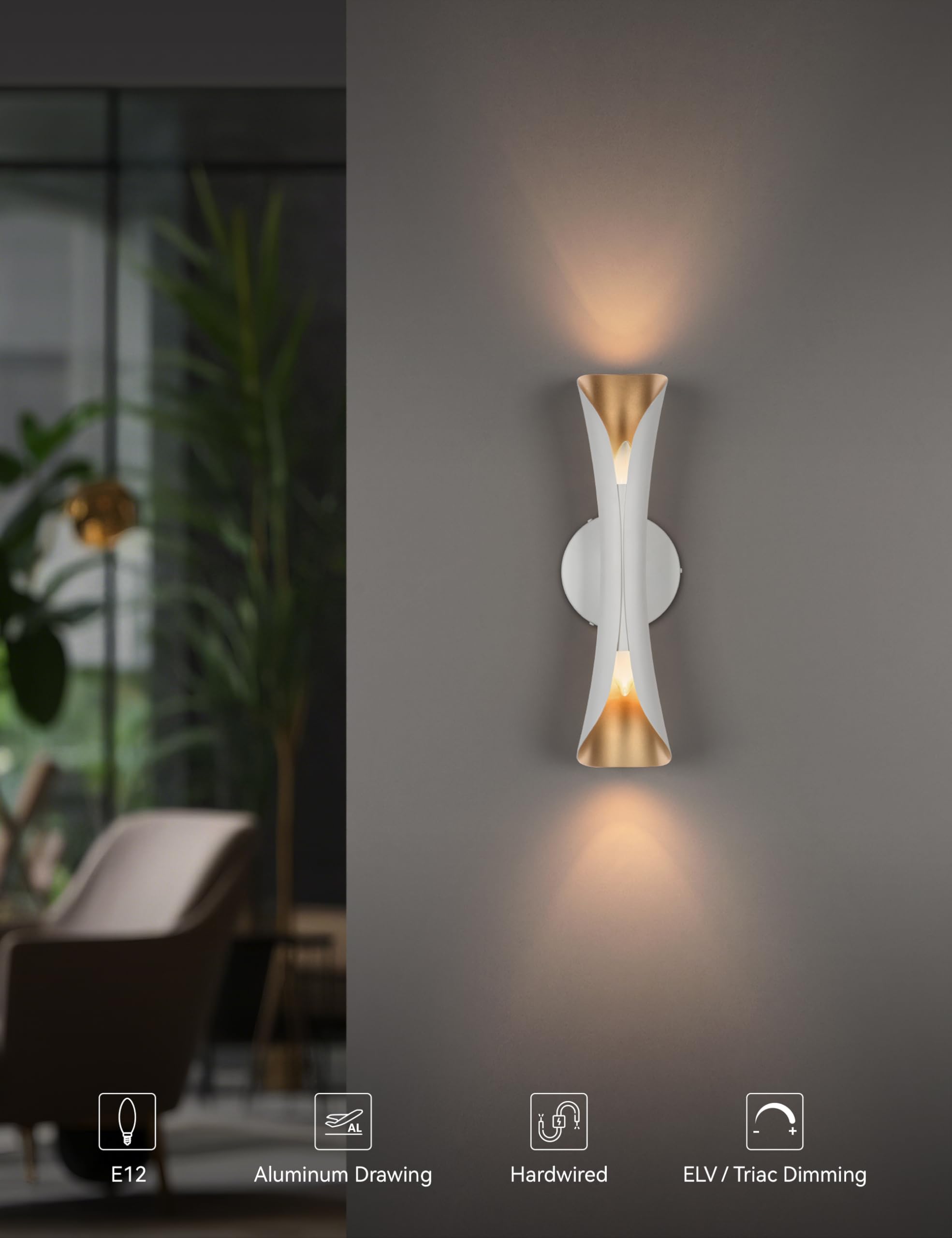 Tubicen Wall Sconce Up And Down Wall Light Indoor Dimmable E12 Home Theater Sconces Wall Lighting 15.7 H Sleek Modern Wall Lights For Living Room Bedroom Stairway Hardwired
