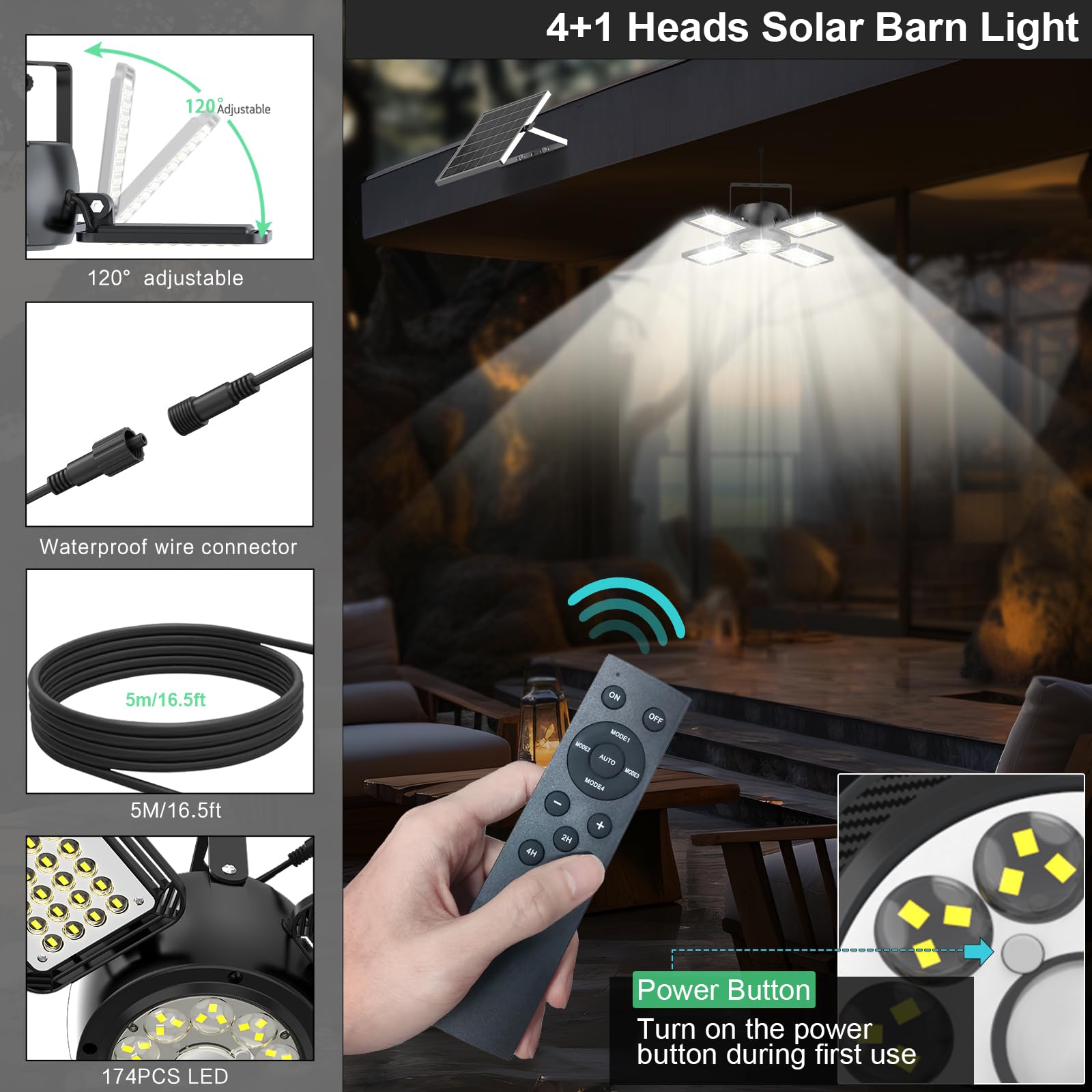 Solar Shed Light Outdoor Indoor Upgrade 1200Lm 174Led 4 And 1 Heads Motion Sensor Pendant Light, Solar Lights With 5 Lighting Modes Remote Control Ip65 Waterproof For Barn Patio Gazebo Shop