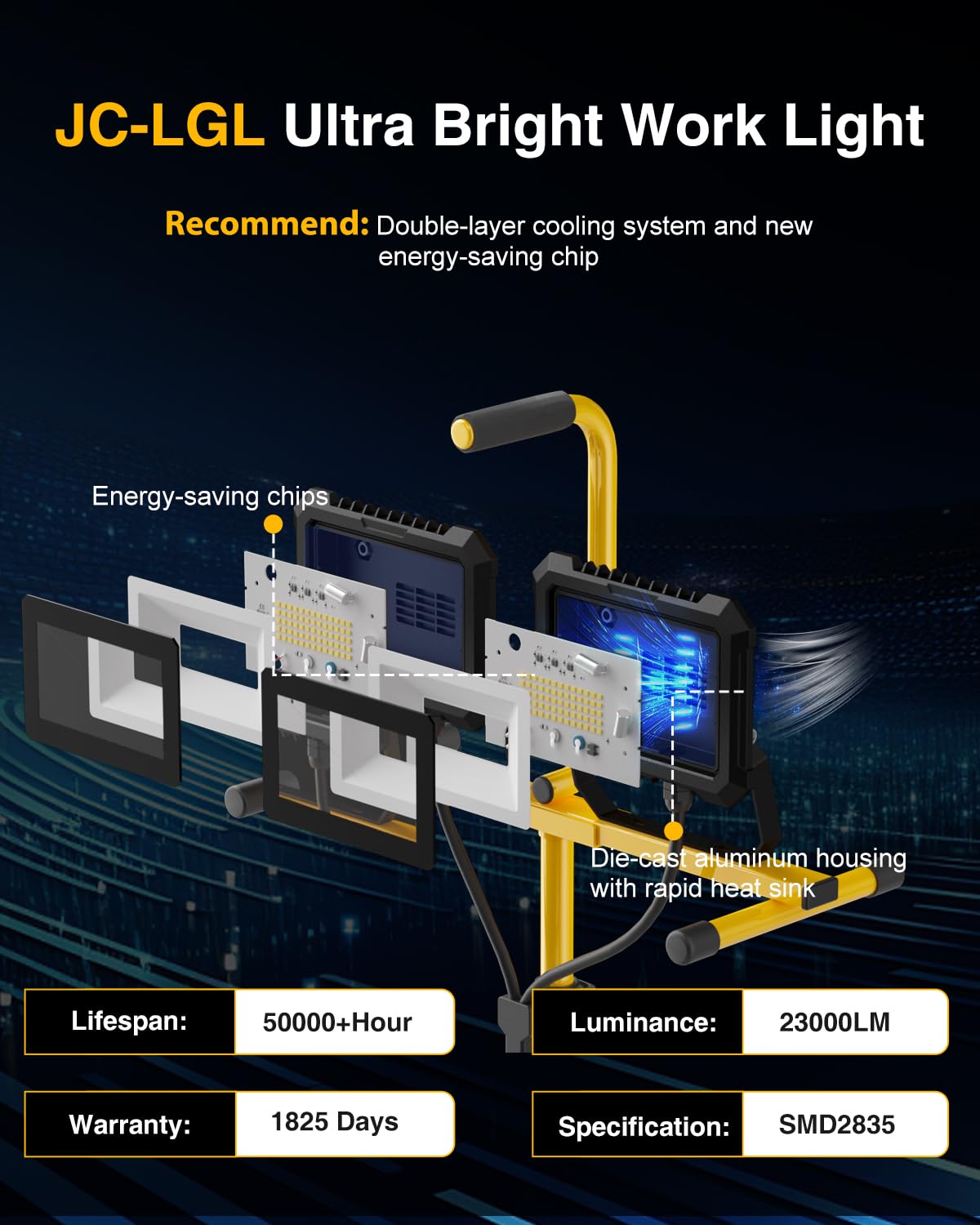 23000 Lumen Led Work Light With Stand, 200W 2 Head Portable Work Lights On Stand, With Adjustable And Foldable Tripod Stand, Wat
