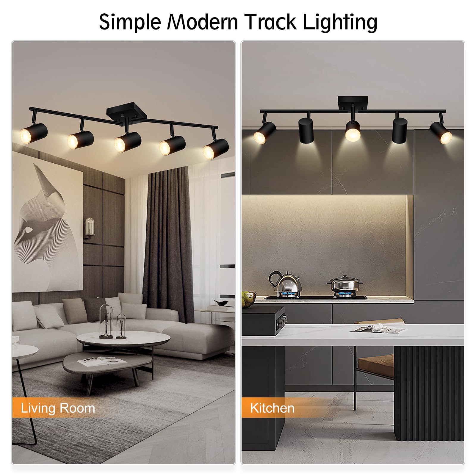 BoostArea Track Lighting Kit, 5 Light Ceiling Fixtures, Rotatable Heads, Metal, Black, Model C0551