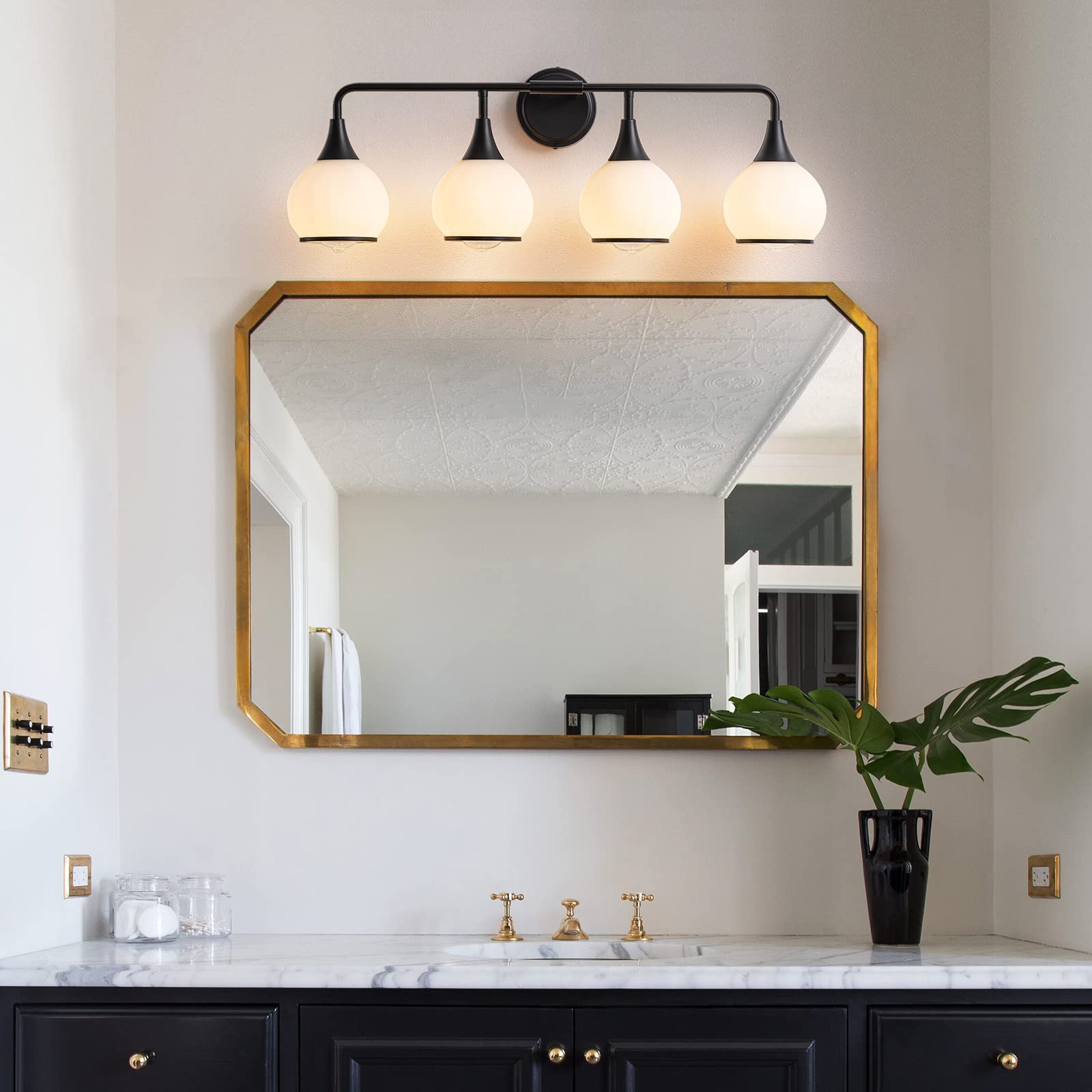 Hahzt Black Bathroom Light Fixtures 4-Lights Vanity Lights With Milky White Frosted Glass Shade Bathroom Vanity Light 30.7 Inch