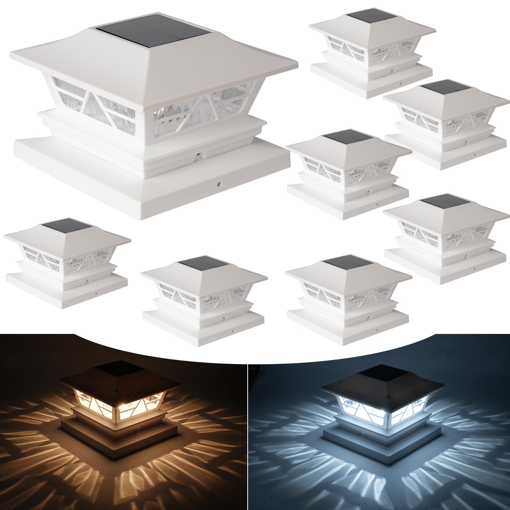 TW SHINE Solar Outdoor Fence Post Lights, 8 Pack, Waterproof, Warm White/Cool White, for 4x4 5x5 6x6 Wood Posts, White