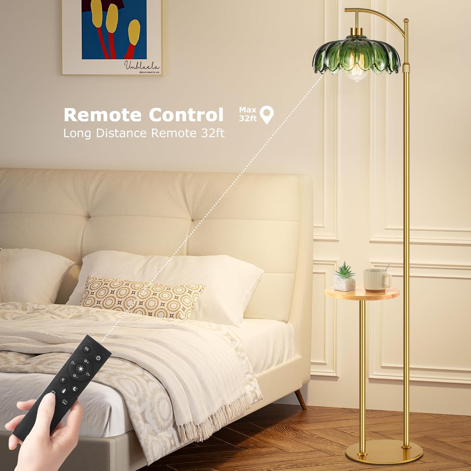 ZECOXOL Arc Floor Lamp with Table & Shelves, Gold-green, Dimmable, Remote Control, 10.2" Model 001