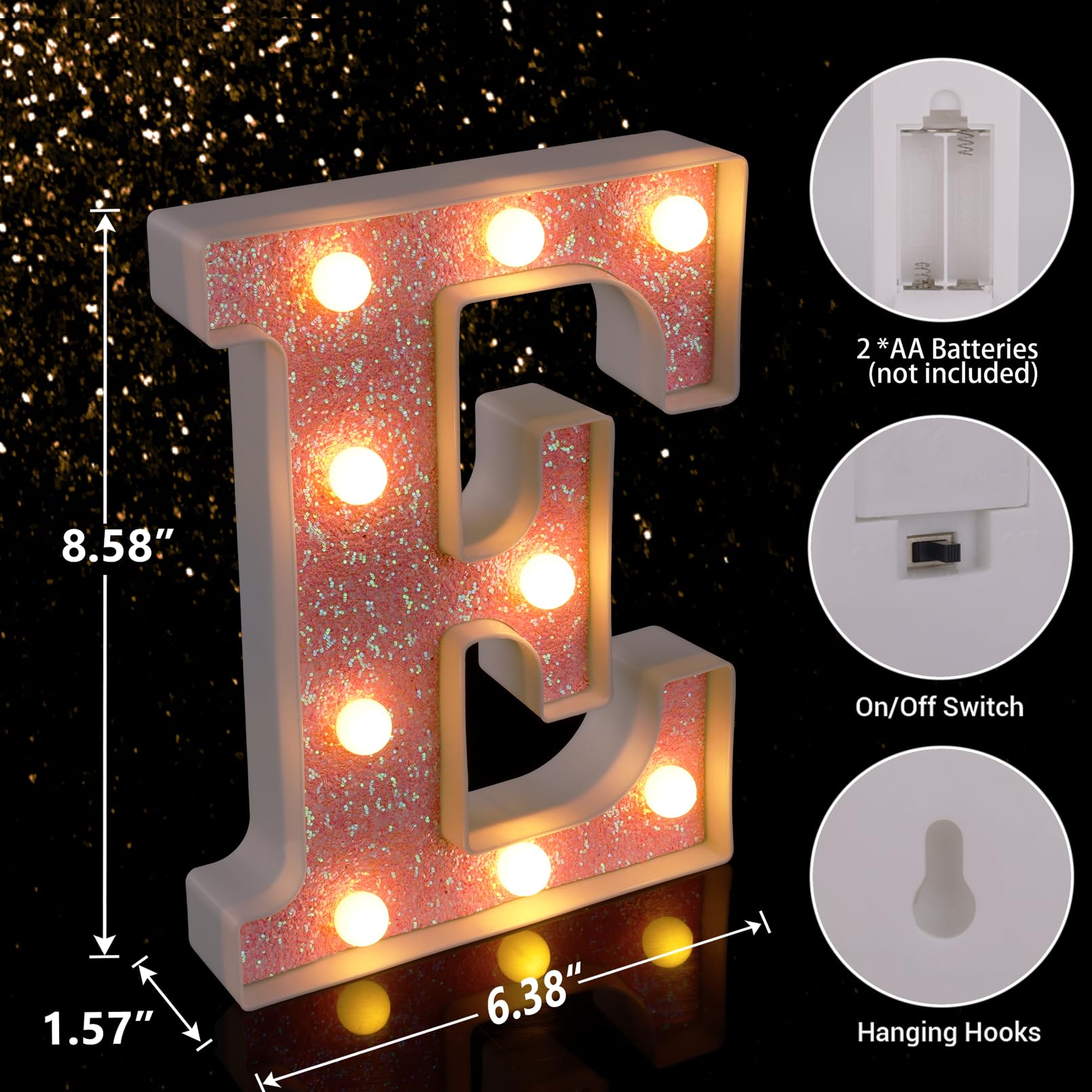 TRONSBOO LED Letter Light - Pink Glitter Marquee Sign, Battery Powered, 6.38in x 8.58in x 1.57in, Model Pink-Light-E, Ideal for