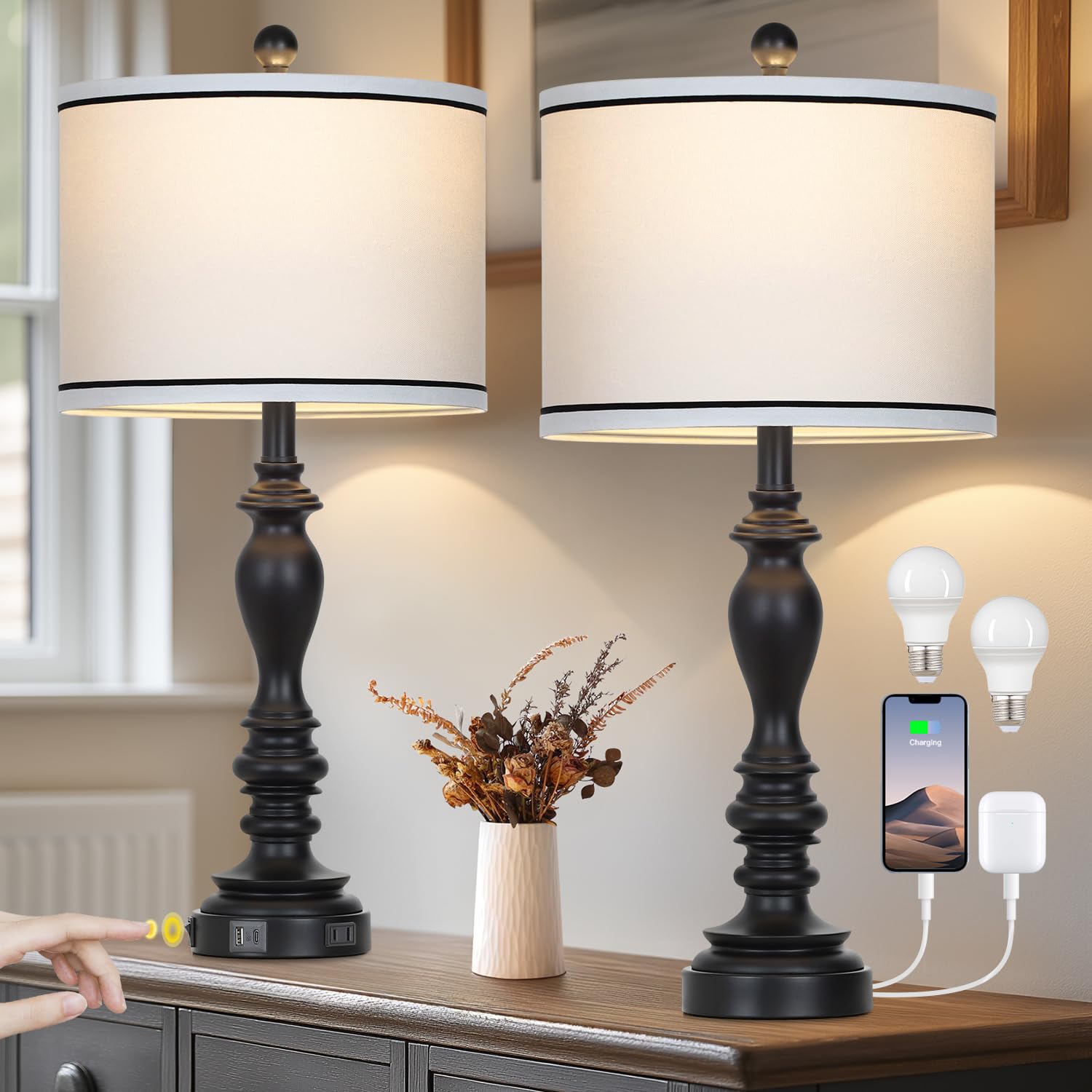 27.5'' Farmhouse Table Lamp for Living Room, Black Lamps Set of 2 with USB A+C Ports, Mid Century Tall Table Lamp for Bedroom, B