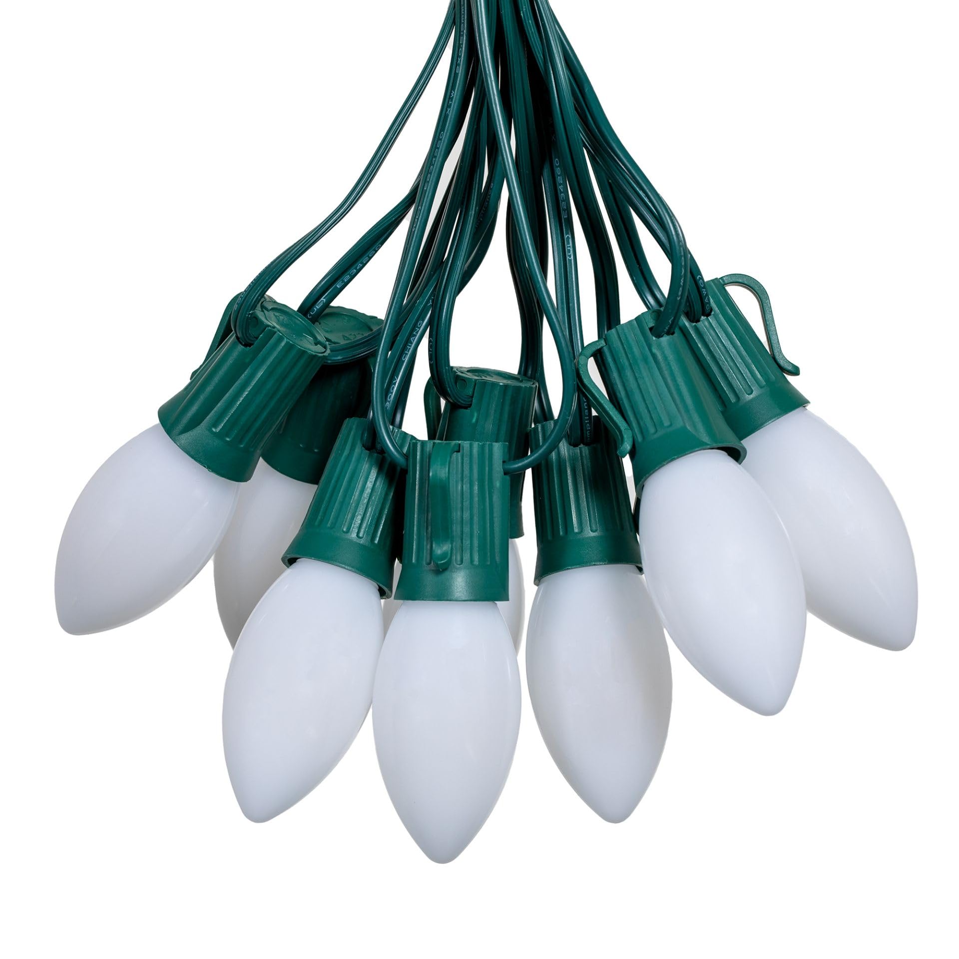 Novelty Lights Vintage LED C9 String Lights, 25 Ft, Warm White, Ceramic Bulbs, 12in Spacing, Green Wire, Model MRD-25B