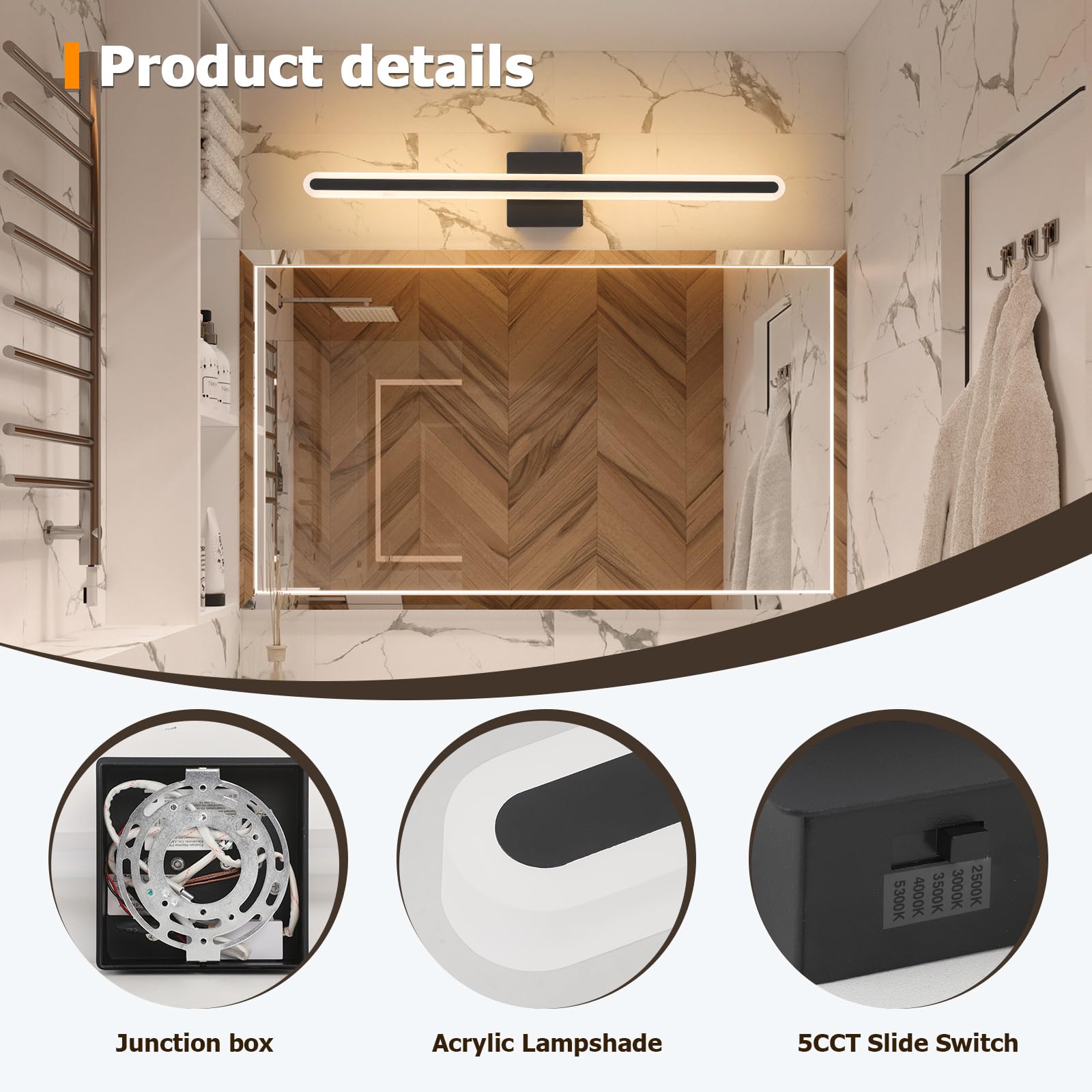 Joosenhouse Modern Black Vanity Lights For Bathroom  5Cct Dimmable Bathroom Led Light Bar  Above Mirror Vanity Lighting  31.5 Inch 24W