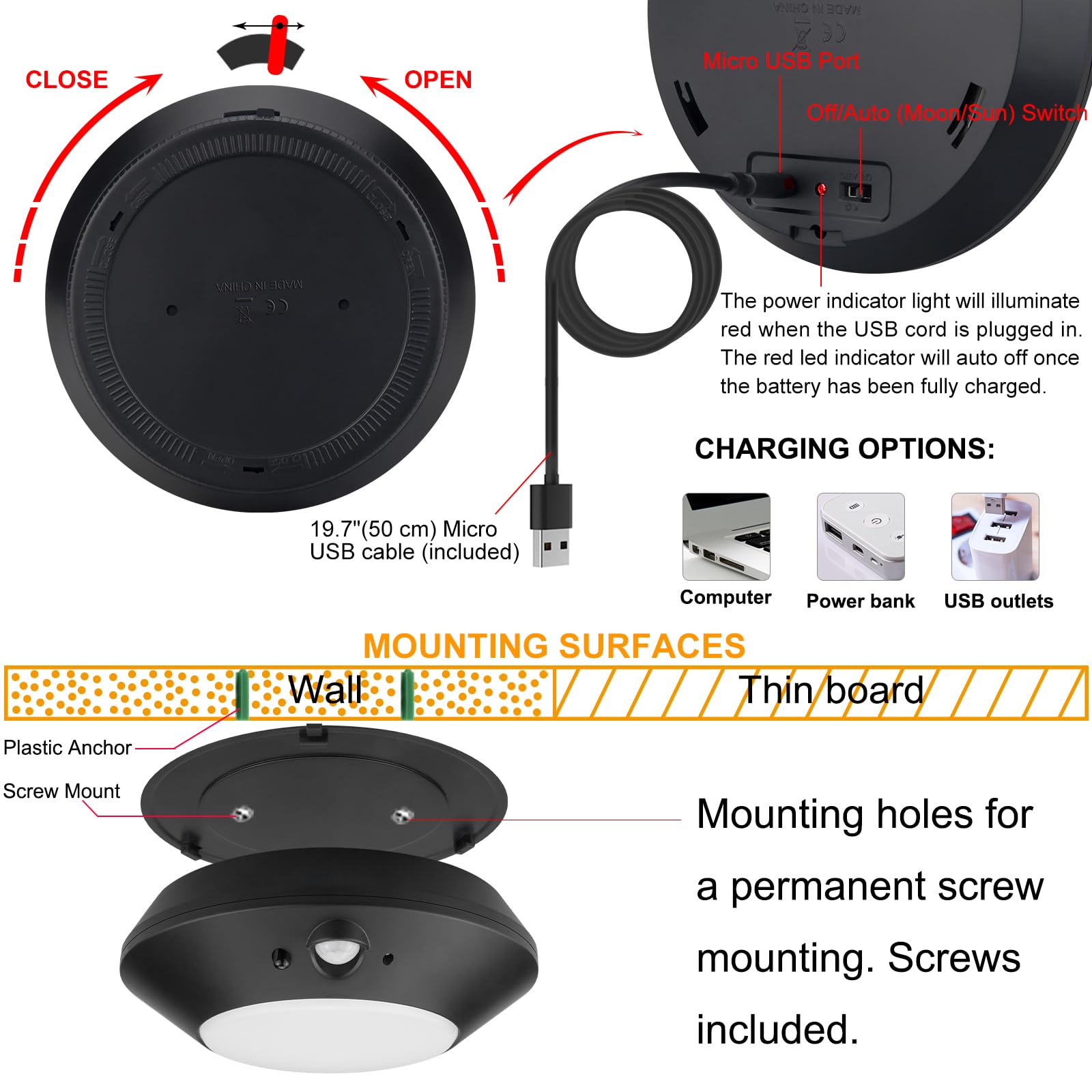 BIGMONAT Motion Sensor LED Light, 220LM, Wireless, Color Changing, Black, Model B251MIR10CB-1, 1 Pack
