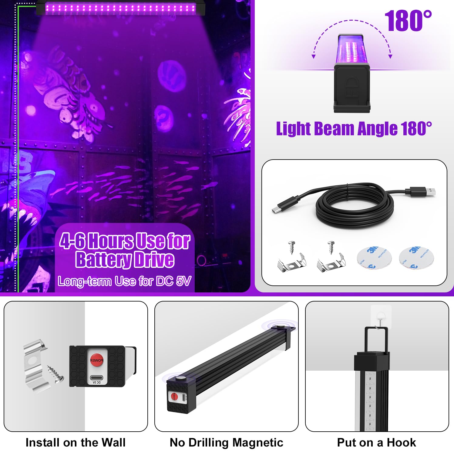 Sayitwill Rechargeable Black Light Bar 2 Pack, Cordless UV Strip Lights, Aluminum, Model CXH-WL-A-10W
