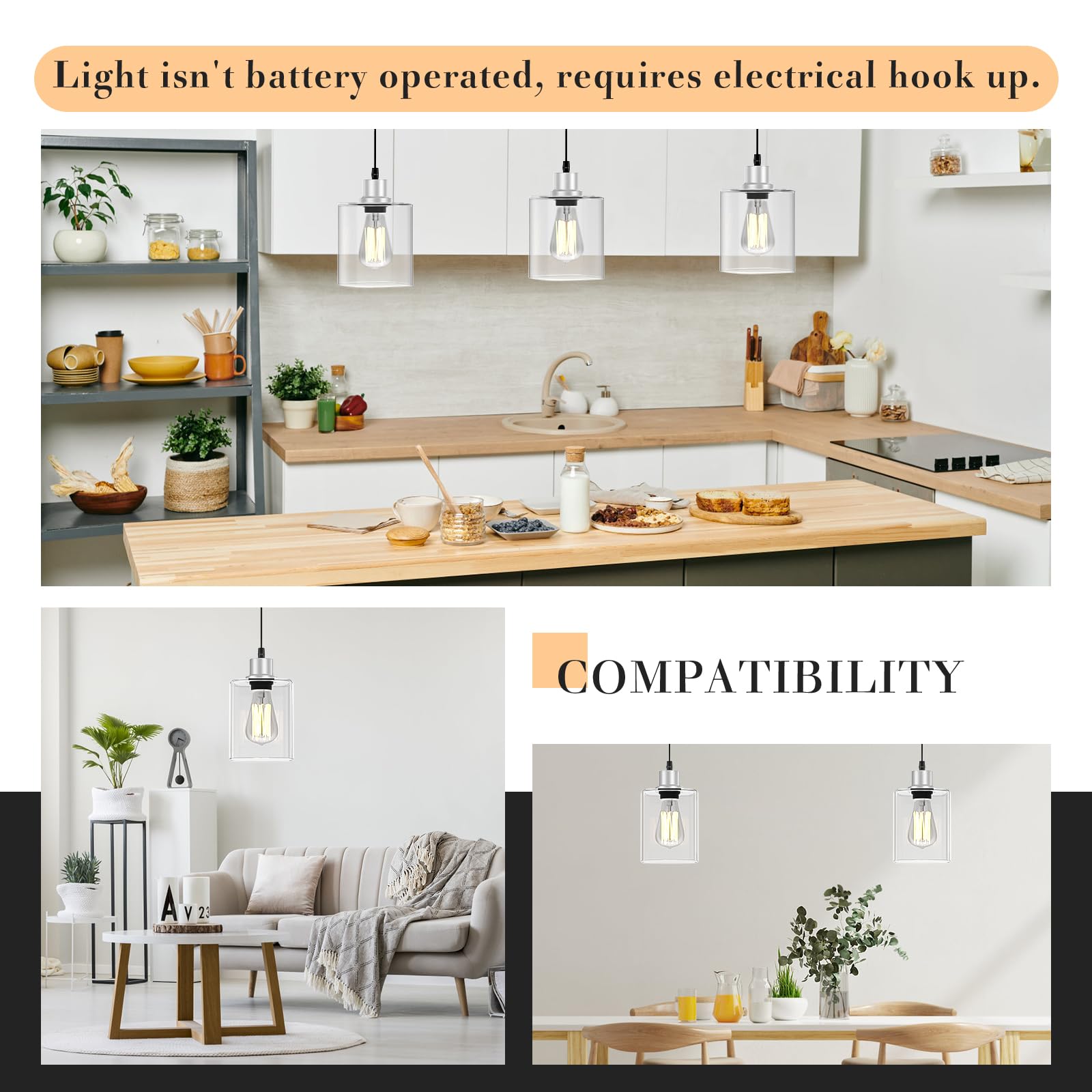 Pendant Light Kitchen Island Lighting 2 Pcs  With Bulb & Clear Glass Shade - 59 Inch Hanging Cord Farmhouse Hanging Lighting Fixture For Dining Room Bedroom Hallway - Brushed Nickel